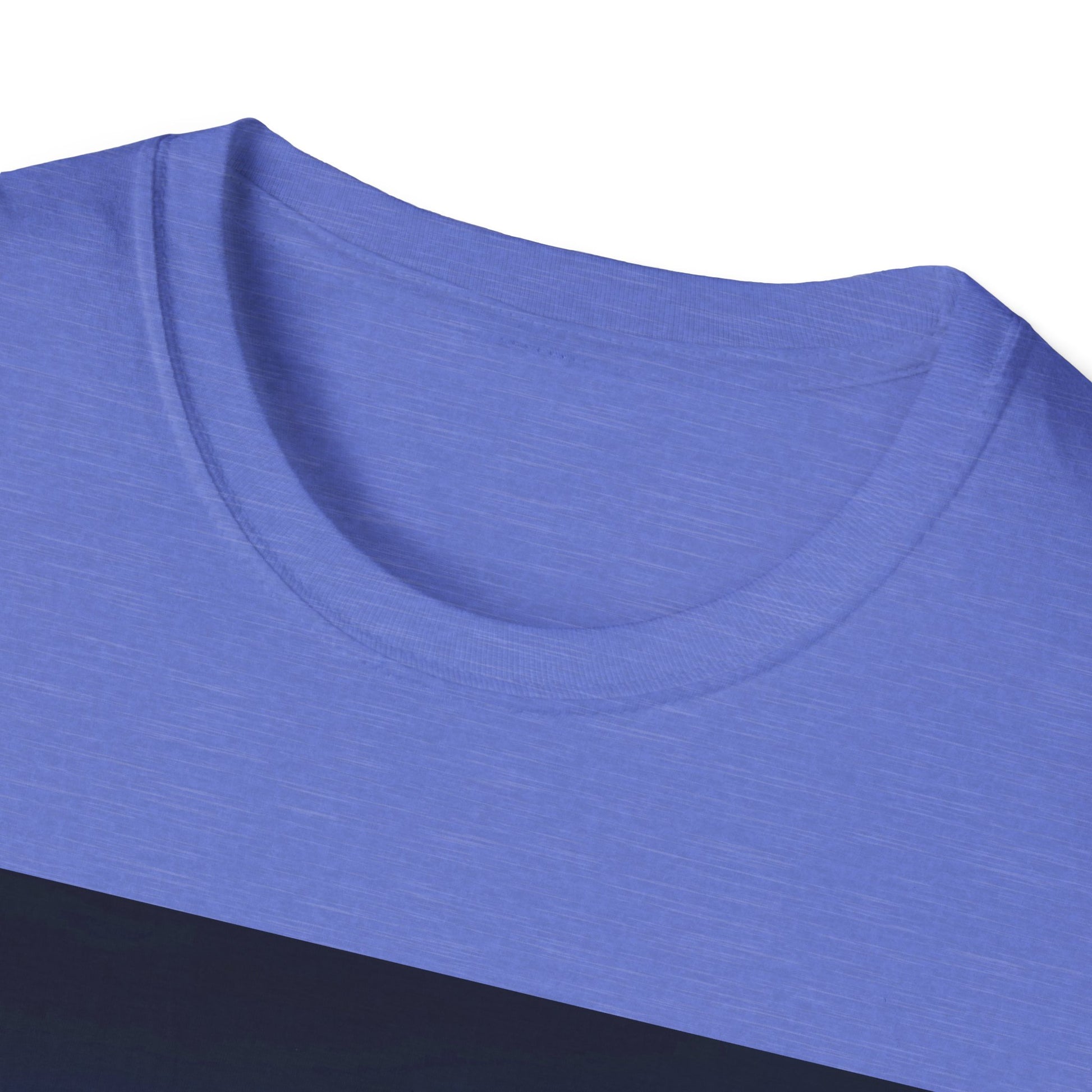 Close-up of a light blue crew-neck T-shirt, focusing on the curved neckline and fabric texture.