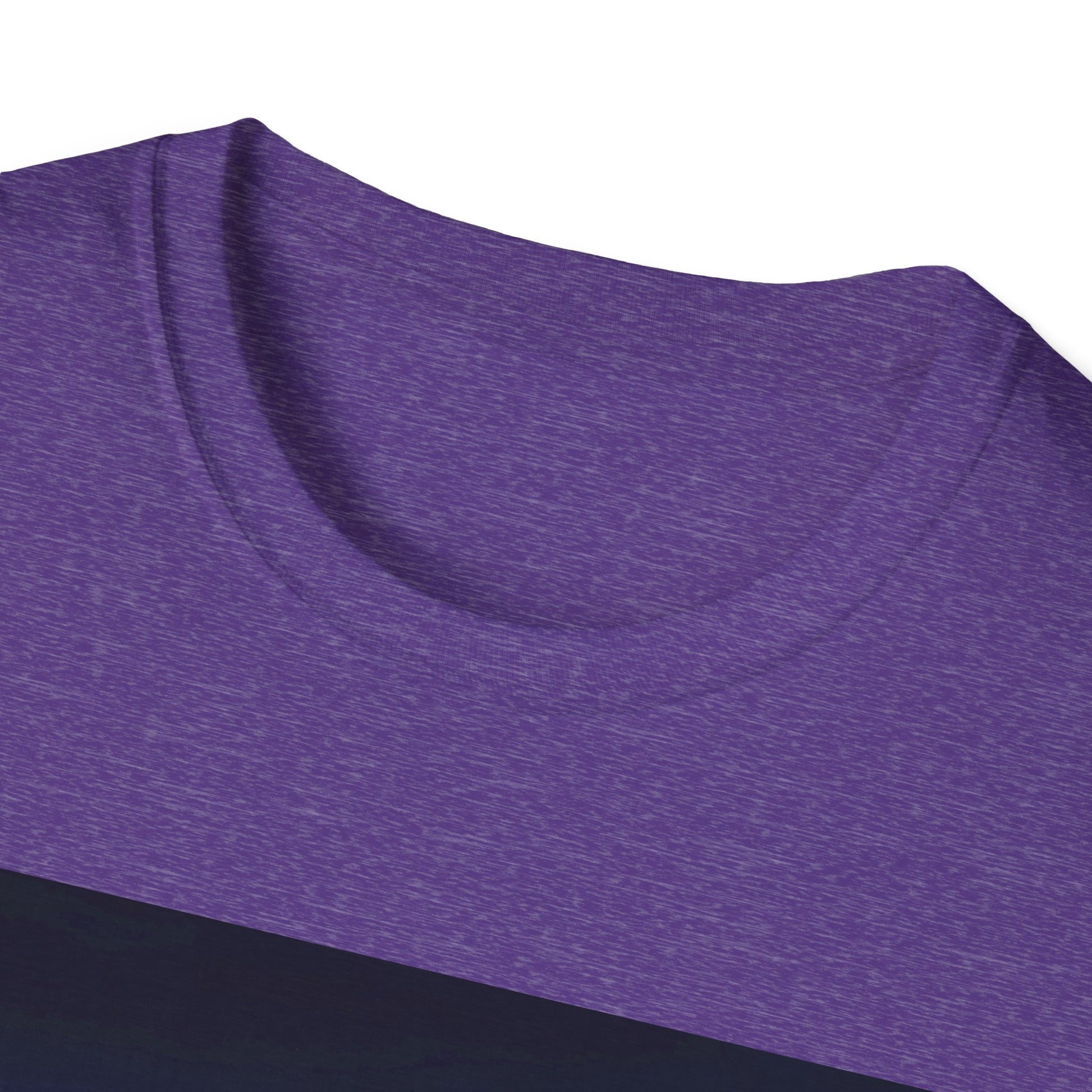 Close-up of a purple heathered knit shirt neckline with a dark navy hem.