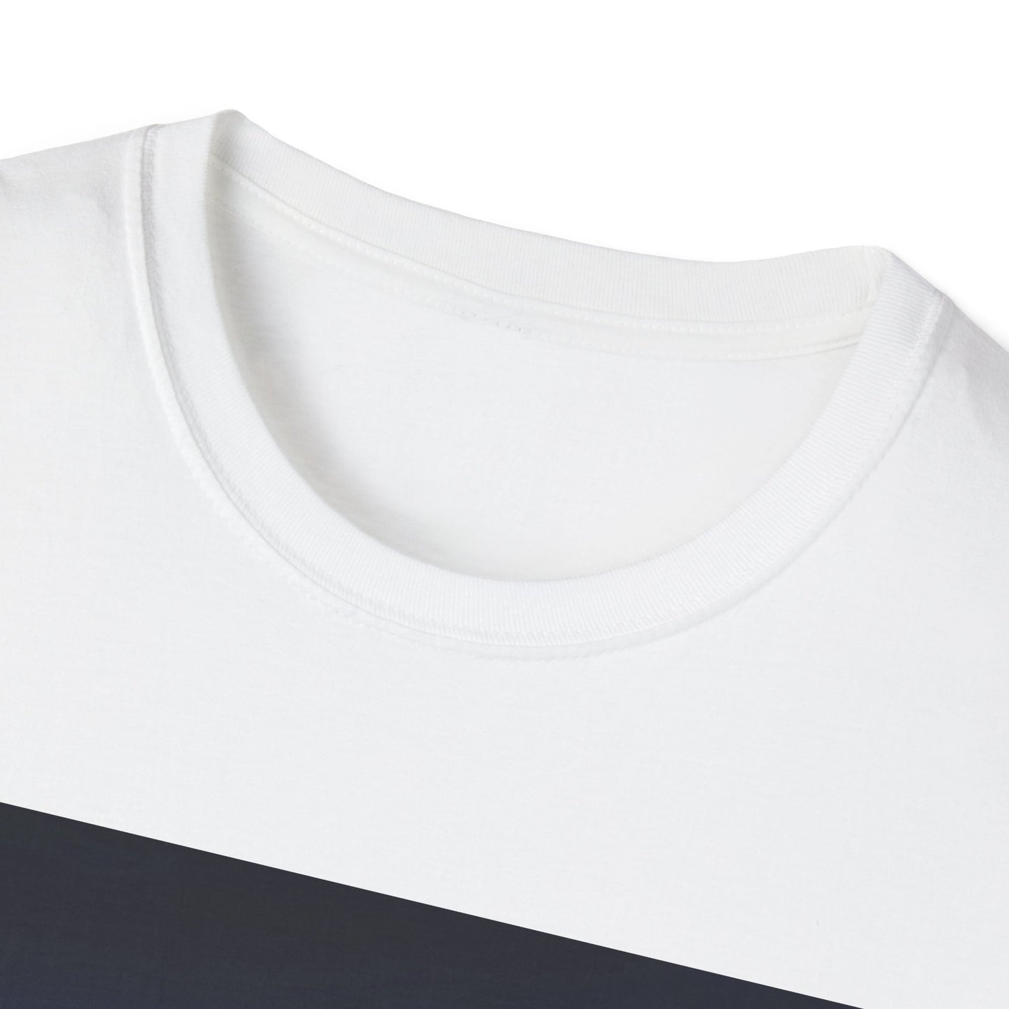 Close-up of a white crew-neck T-shirt featuring a dark navy diagonal stripe across the chest.