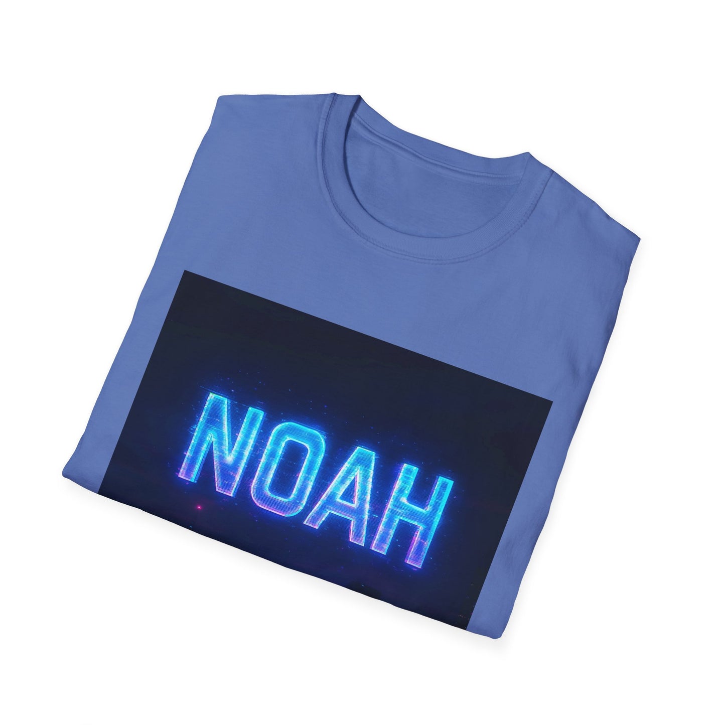 Blue crew-neck cotton t-shirt folded with a dark rectangular panel showing glowing blue NOAH lettering.