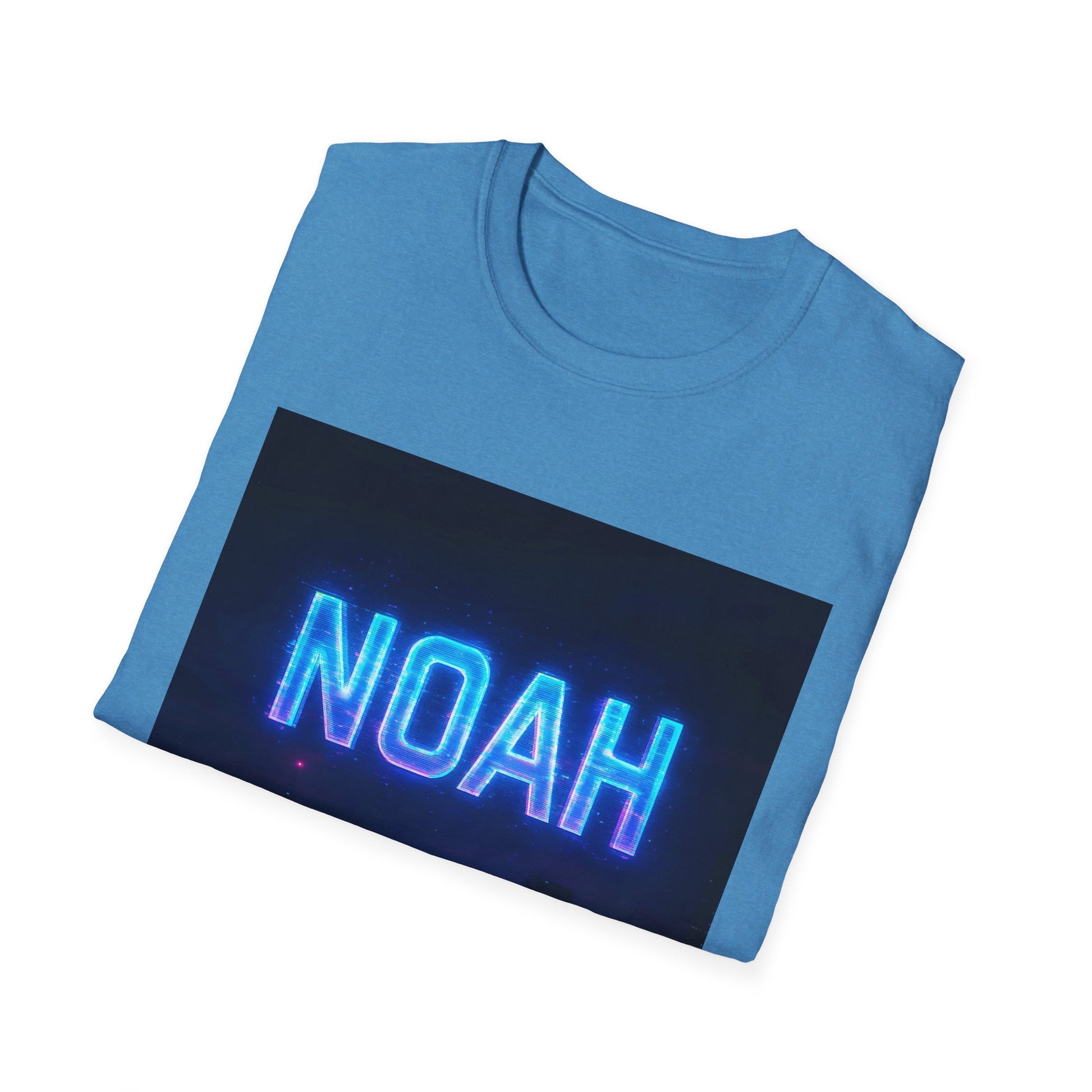 Light blue crewneck T-shirt folded, featuring a dark rectangular panel with glowing blue NOAH text.