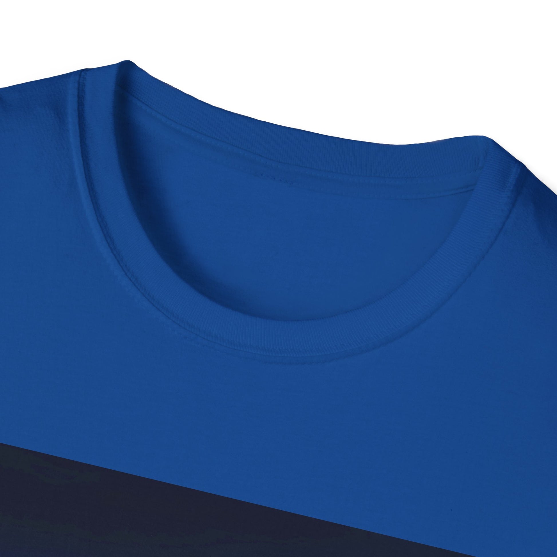 Close-up of a blue crew-neck t-shirt with a dark blue/black diagonal stripe across the front.