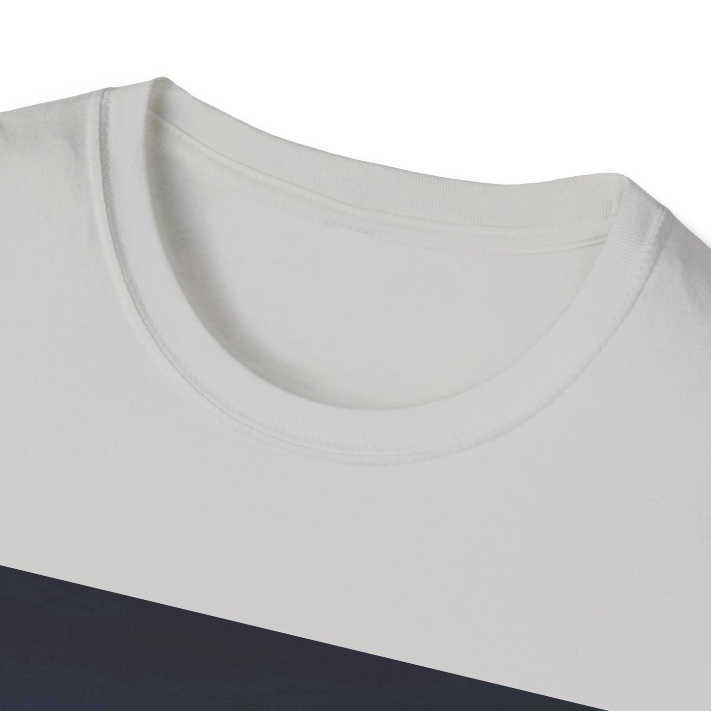 Close-up of a white crew-neck T-shirt with a navy diagonal stripe across the chest.