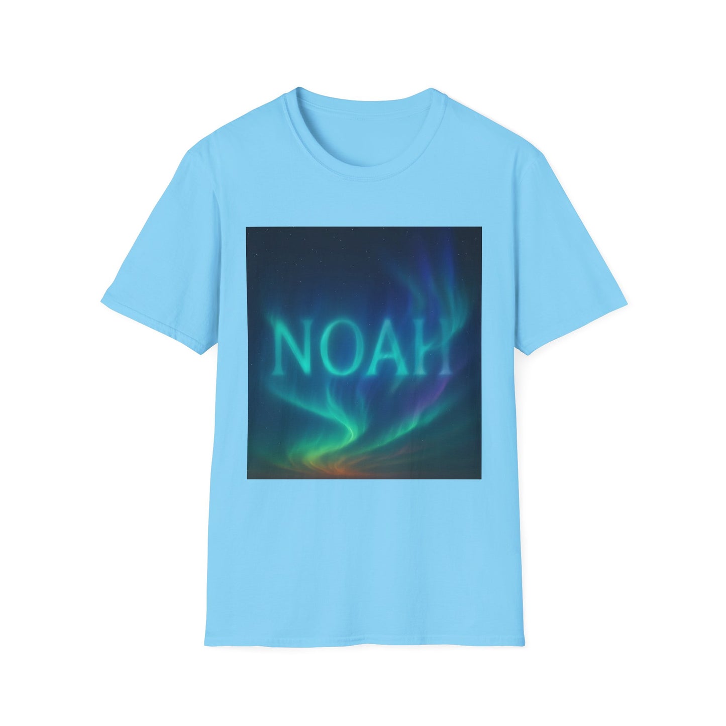 Light blue short-sleeve T-shirt featuring a square image of green and blue aurora borealis with the word NOAH across the center.