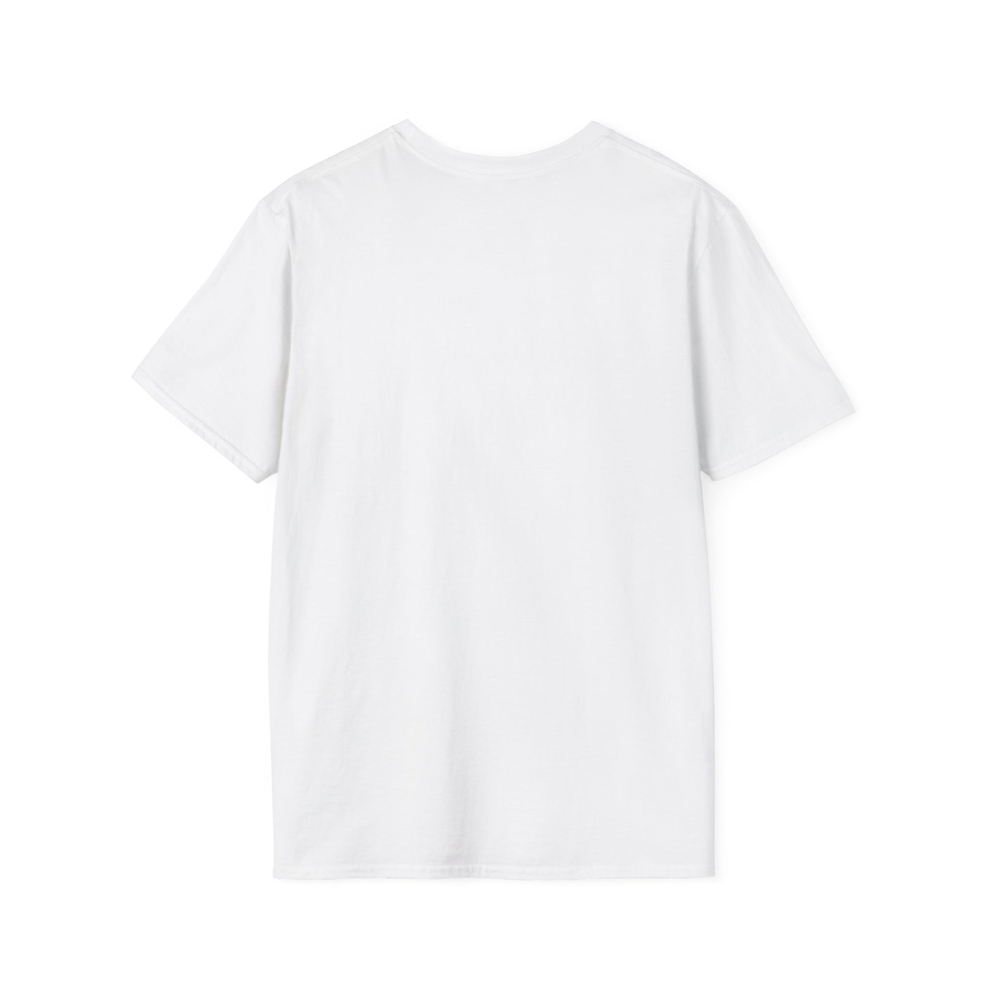 White short-sleeve T-shirt viewed from the back, plain white cotton fabric.