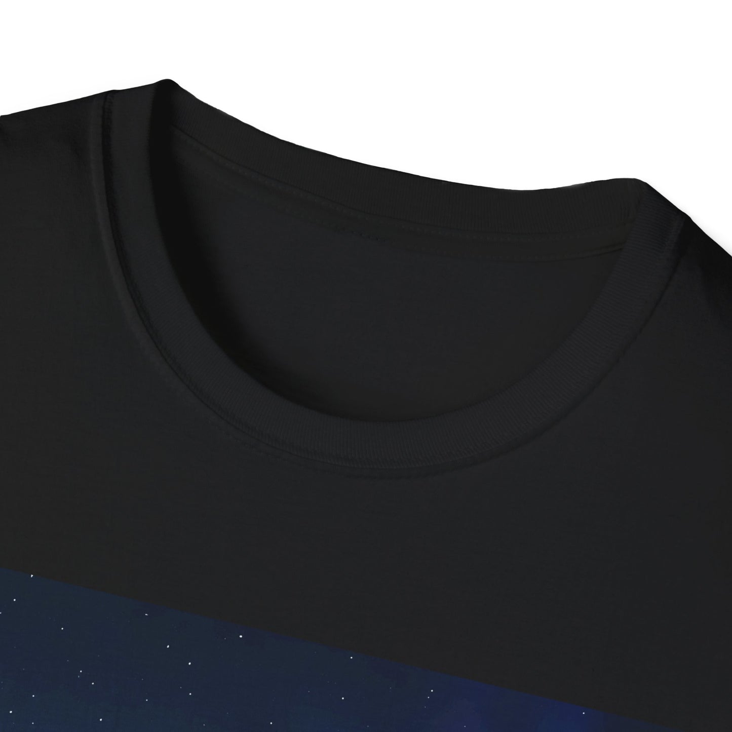 Close-up of a black crew-neck T-shirt with a blue starry graphic across the chest.