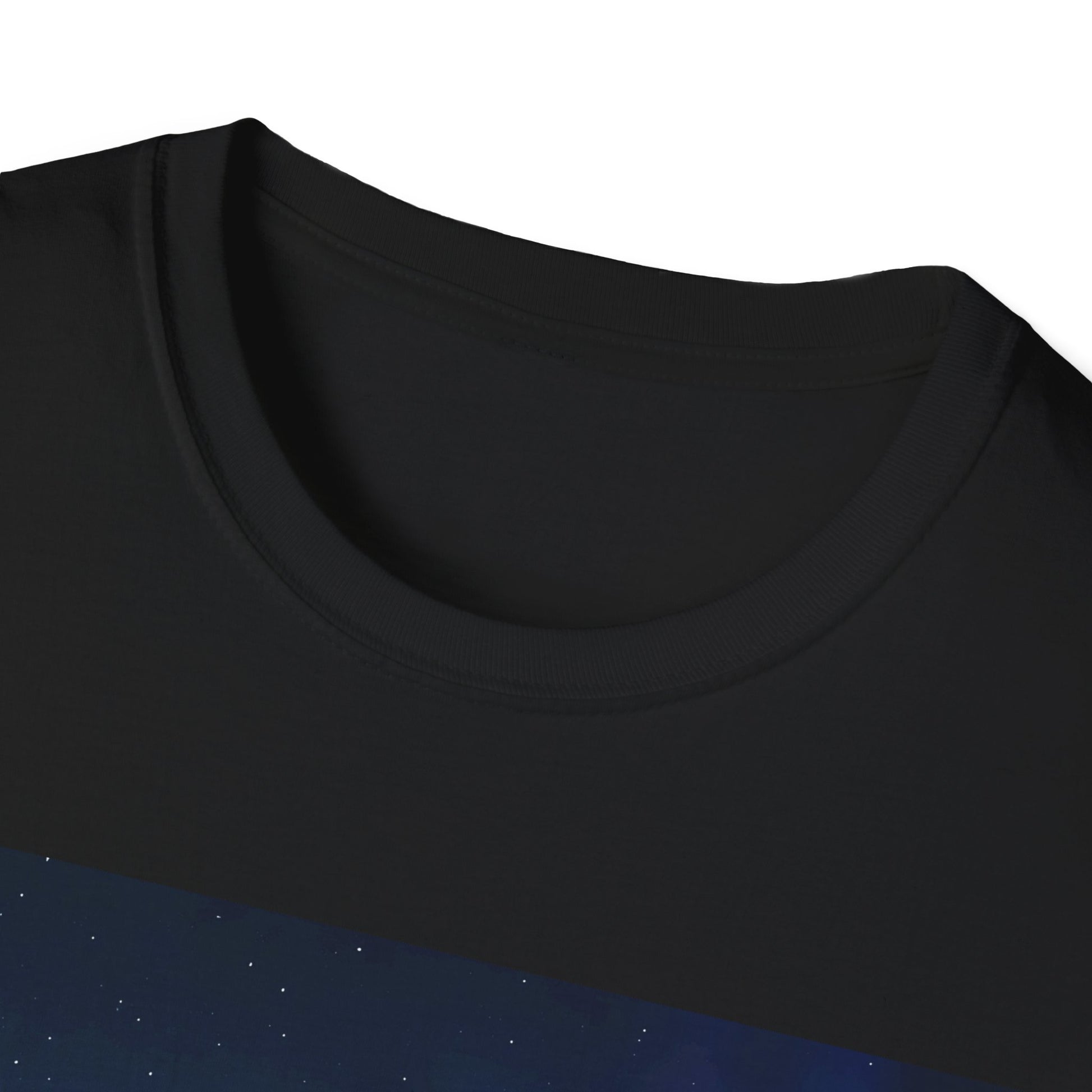 Close-up of a black crew-neck T-shirt with a blue starry graphic across the chest.
