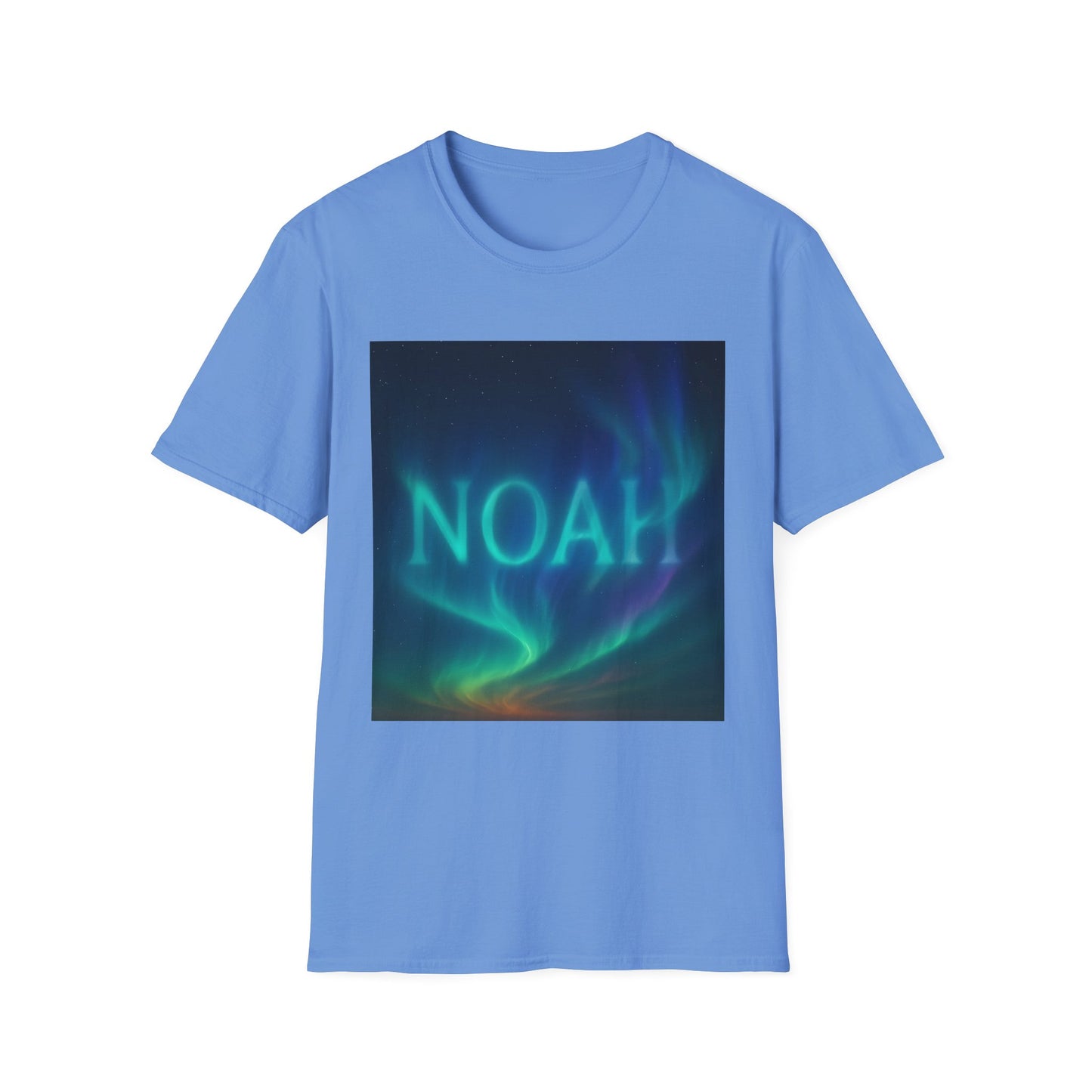 Blue t-shirt with a square graphic of green-blue aurora borealis and the word NOAH in glowing letters.