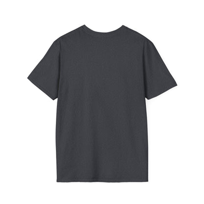 Back view of a dark charcoal heather T-shirt with short sleeves and a crew neck.