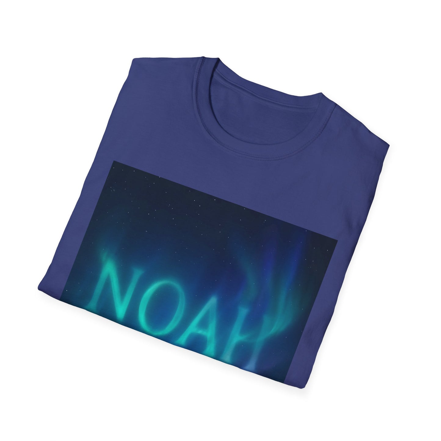 Purple crew-neck T-shirt with a rectangular print showing a night sky with green and blue aurora and stars.