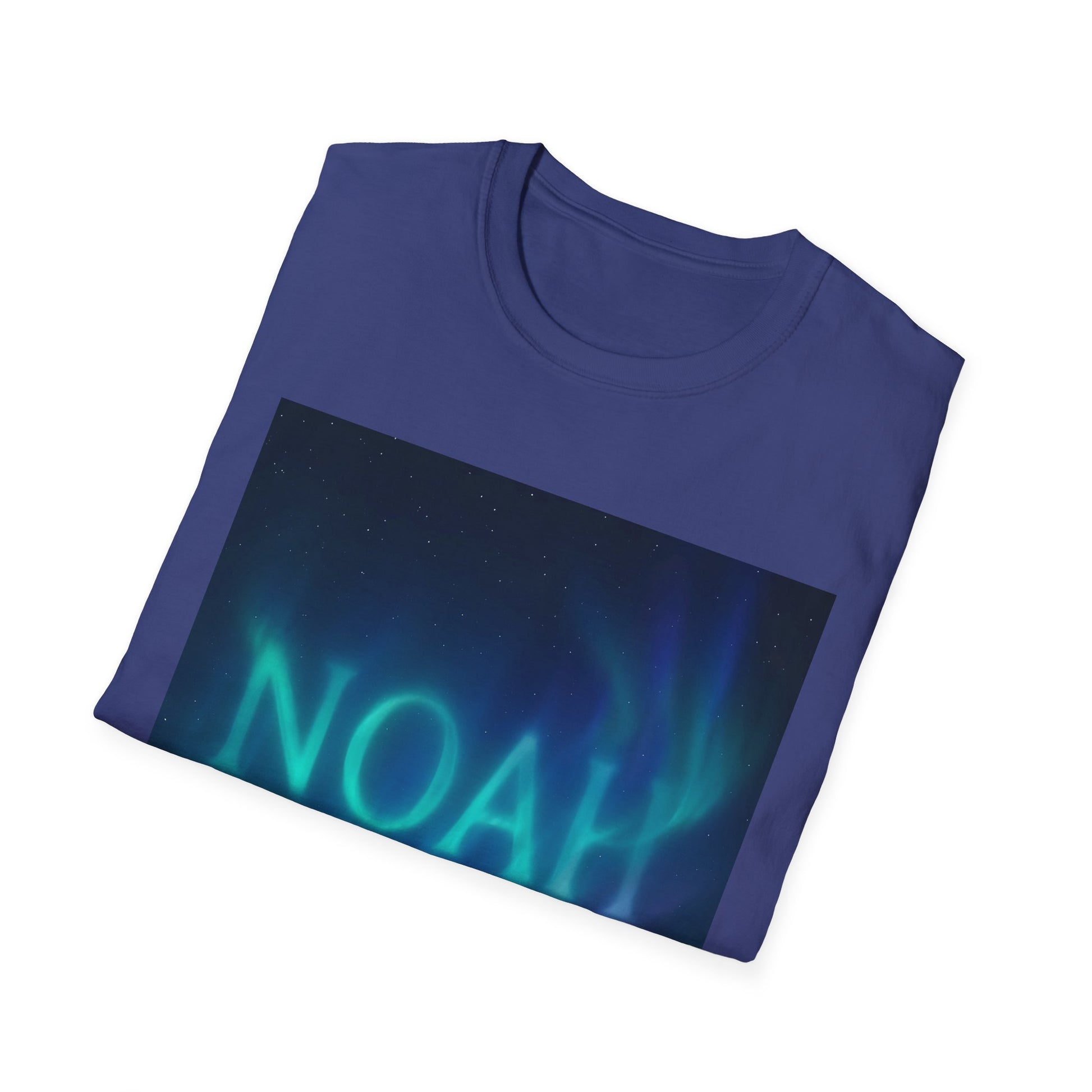 Purple crew-neck T-shirt with a rectangular print showing a night sky with green and blue aurora and stars.