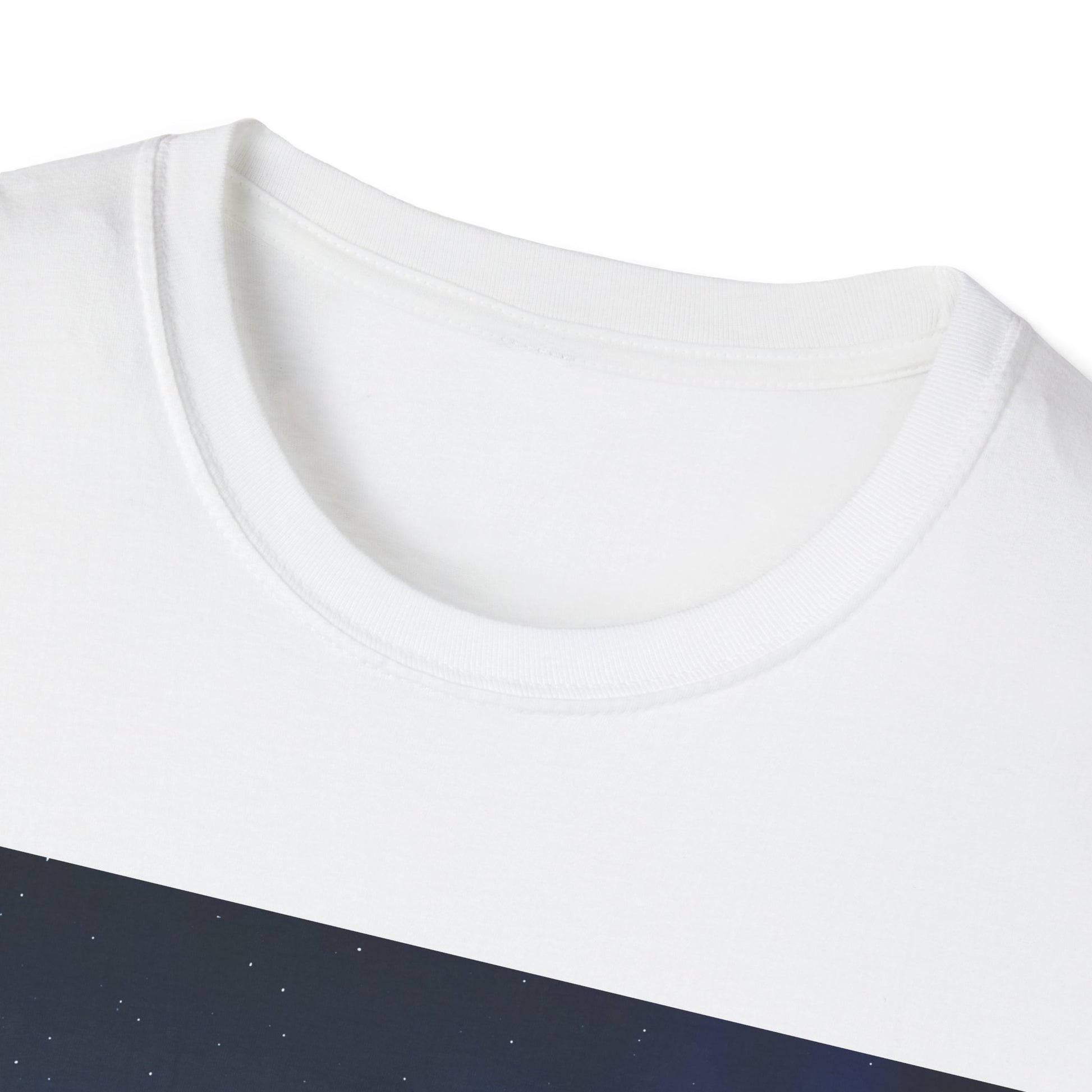 Close-up of a white crew-neck T-shirt, showing a dark blue diagonal panel with small white stars.