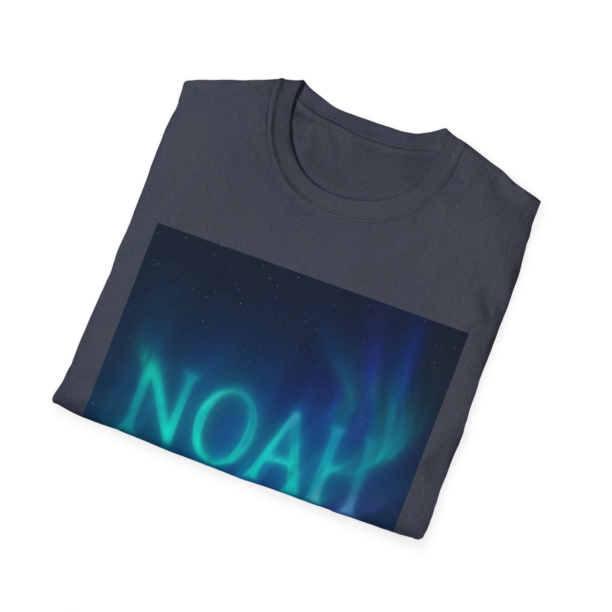 Dark gray crew neck T-shirt featuring a rectangular night-sky graphic with blue-green aurora and the word NOAH across the bottom.