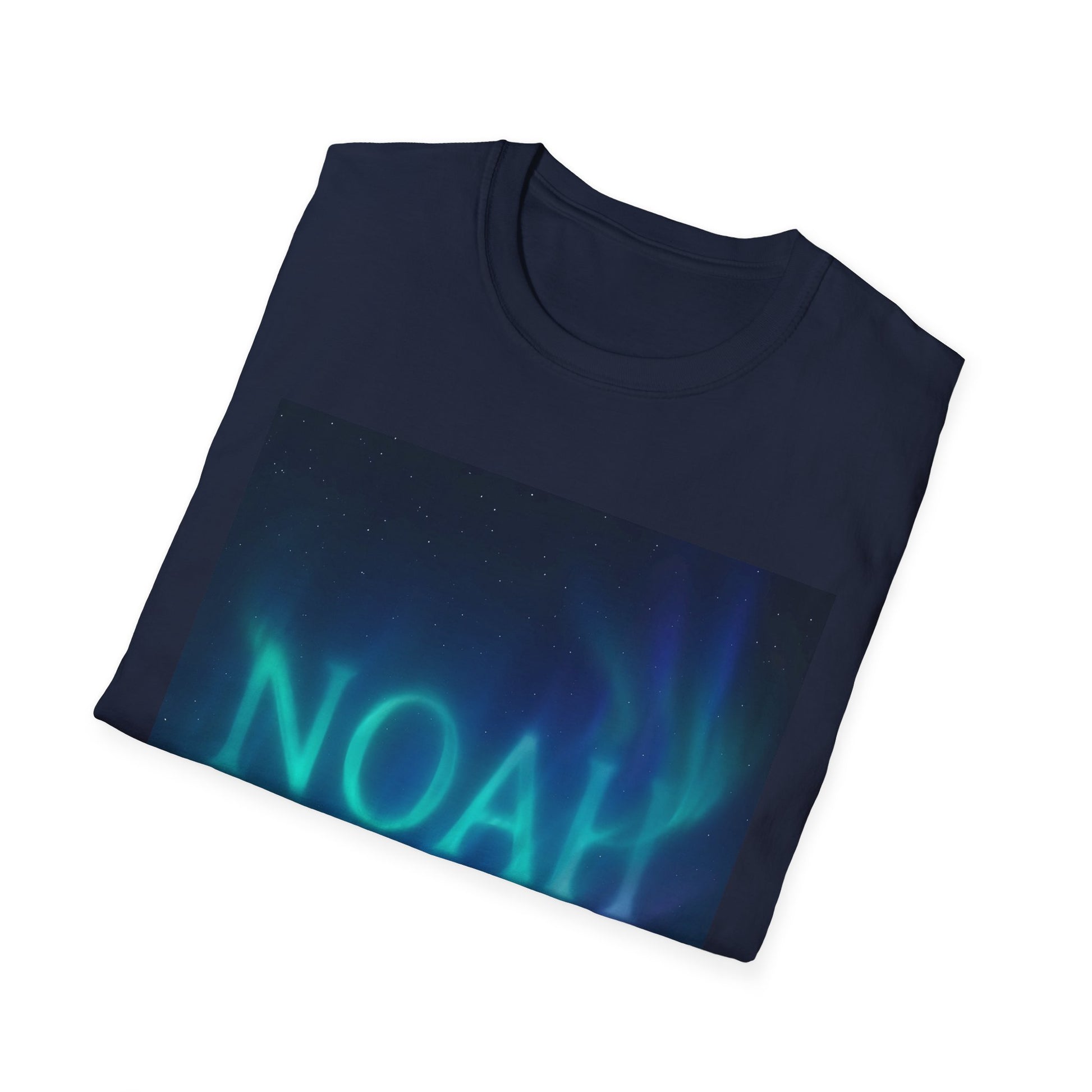 Navy T-shirt folded flat with a rectangular print of a starry night sky and teal-blue aurora, featuring the word NOAH.