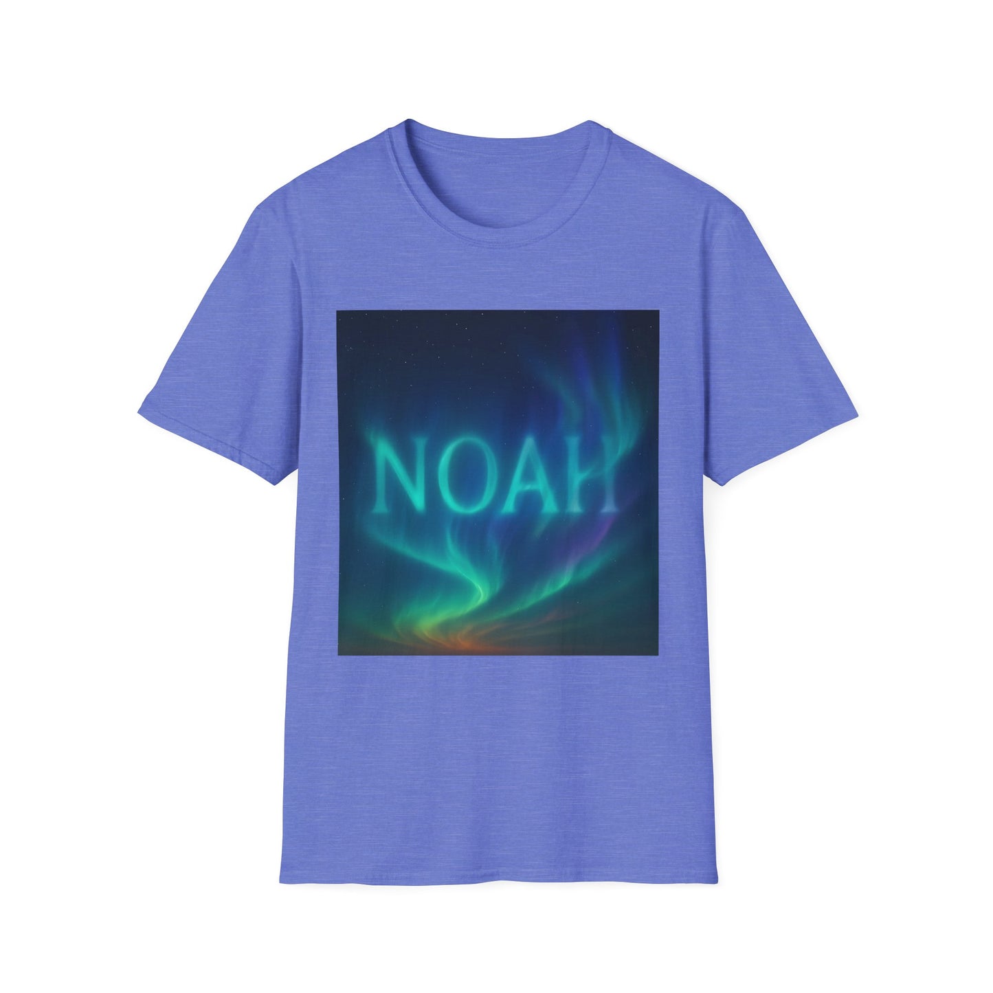 Purple T-shirt with a square graphic of green and blue aurora borealis and the word NOAH in pale blue.