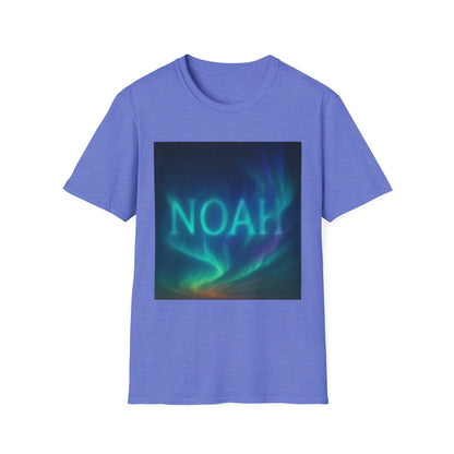 Purple T-shirt with a square graphic of green and blue aurora borealis and the word NOAH in pale blue.