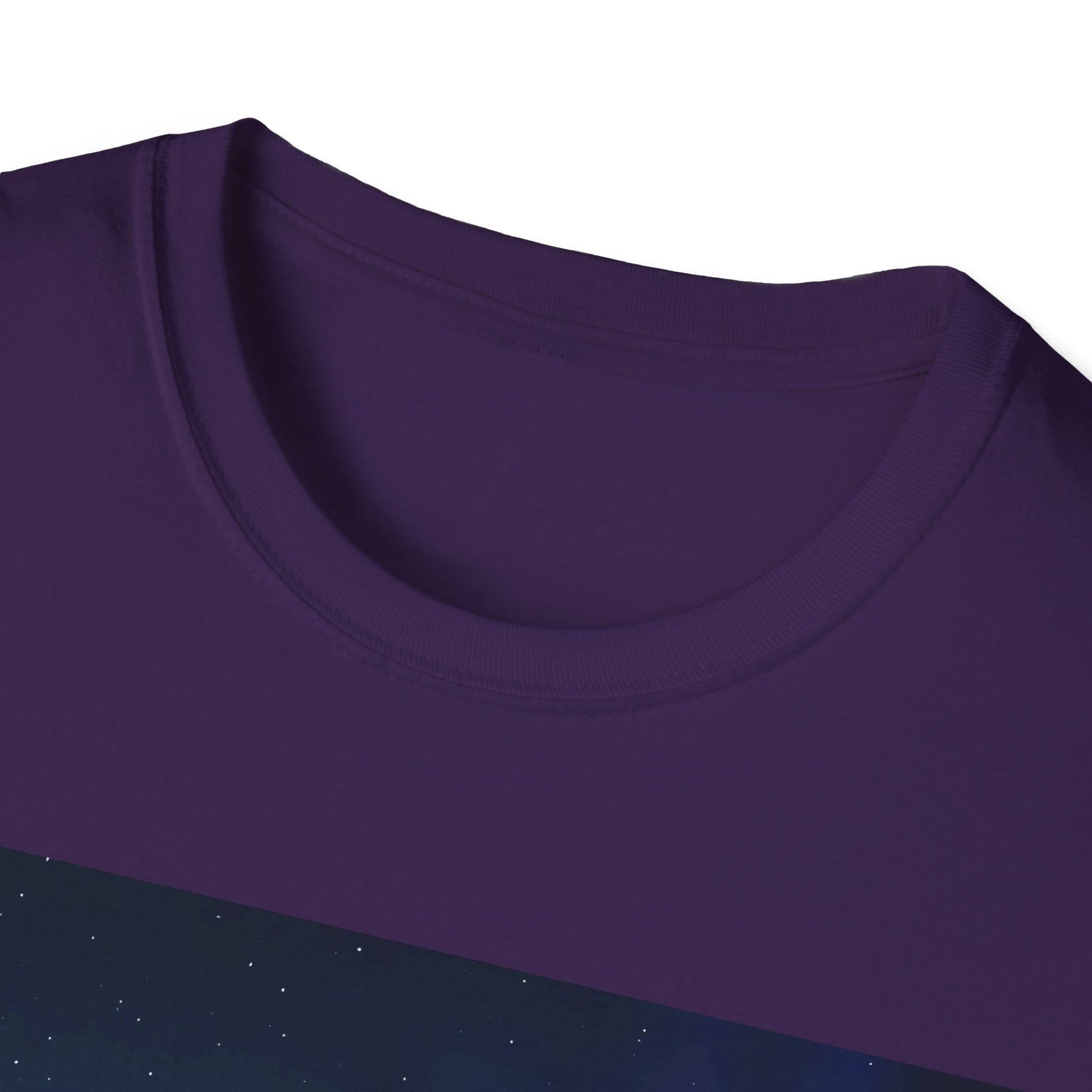 Close-up of a purple crewneck T-shirt with a dark blue starry panel along the bottom.