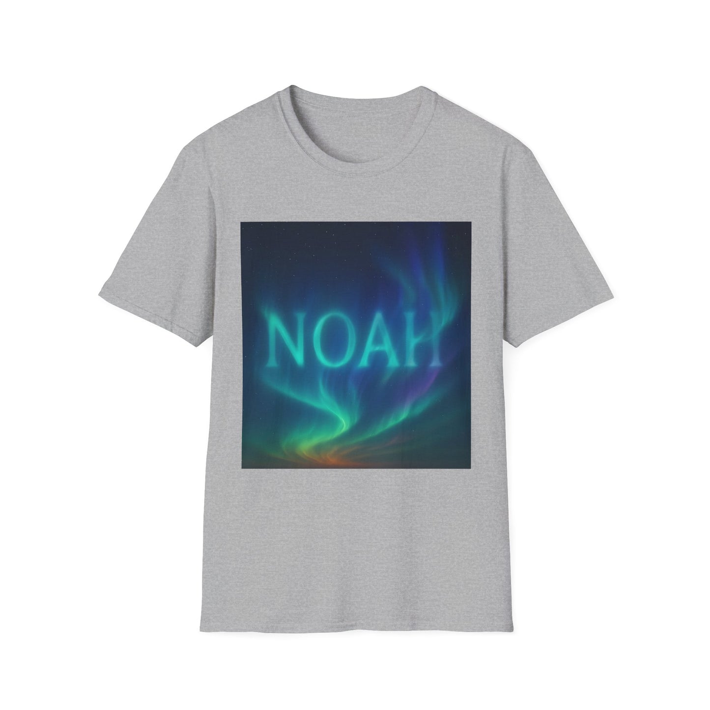 Grey T-shirt with a square image of the aurora borealis in teal and blue-green hues, with the word NOAH overlaid.
