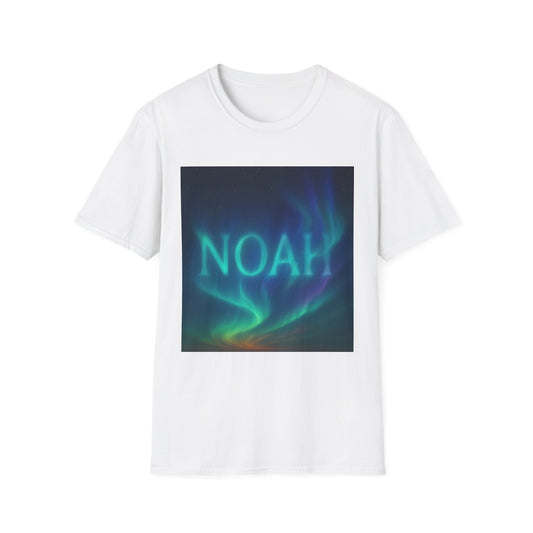 White T-shirt with a square printed graphic of green and blue Northern Lights and the word NOAH.