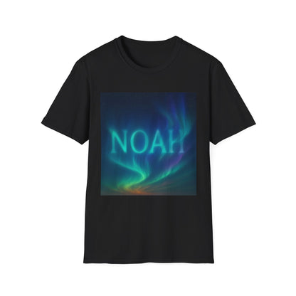 Black crew-neck T-shirt with a square image of green and blue aurora borealis and the word NOAH in pale teal.