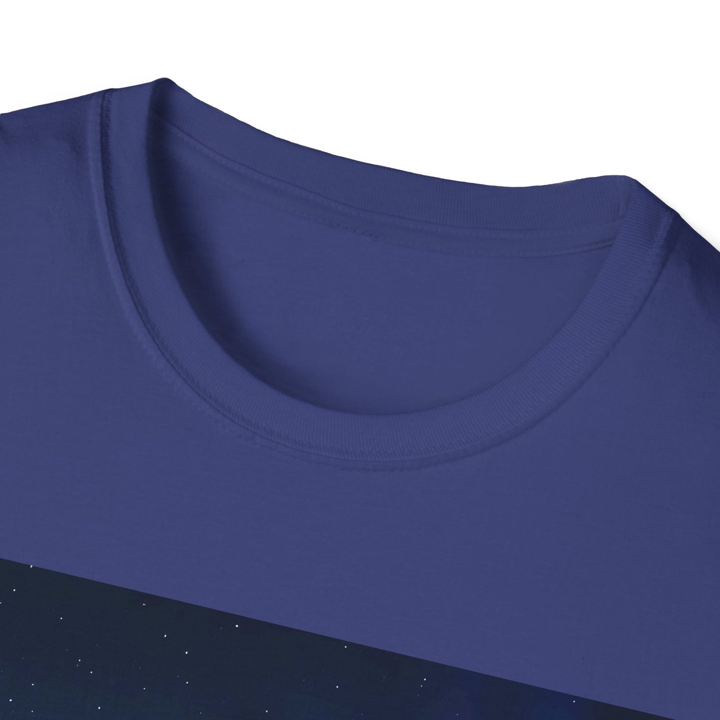Close-up of a purple crew neck T-shirt, showing its ribbed neckline and a dark blue panel with small white stars at the bottom.