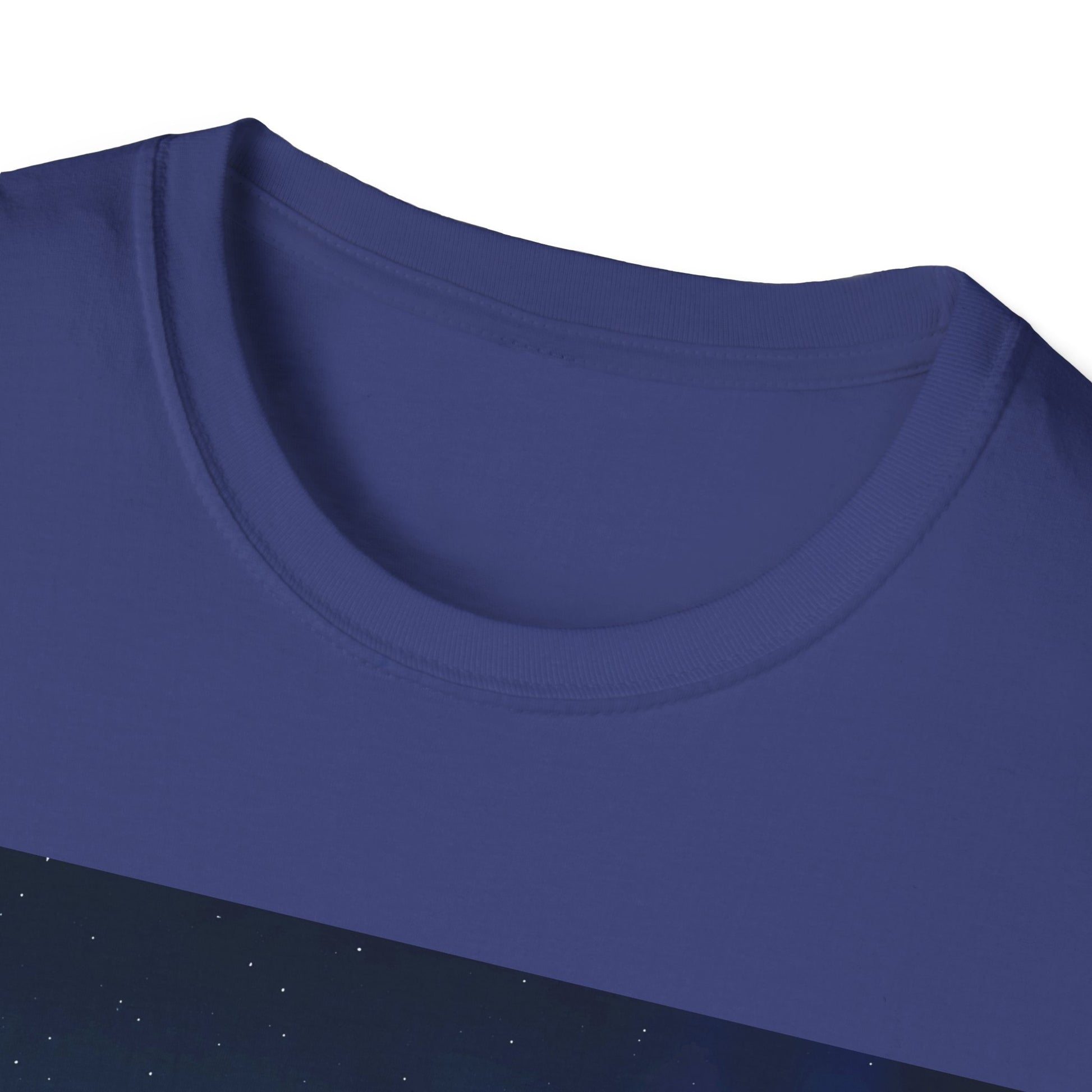 Close-up of a purple crew neck T-shirt, showing its ribbed neckline and a dark blue panel with small white stars at the bottom.