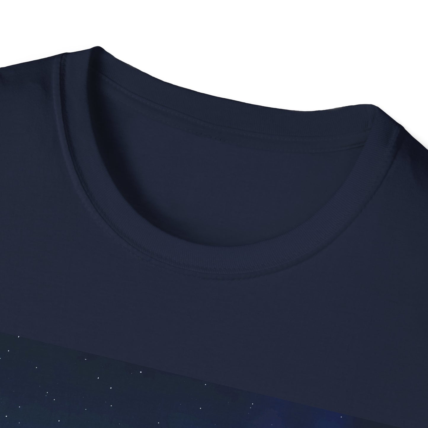 Close-up of a navy blue crew-neck T-shirt with a darker lower band that has small white stars.