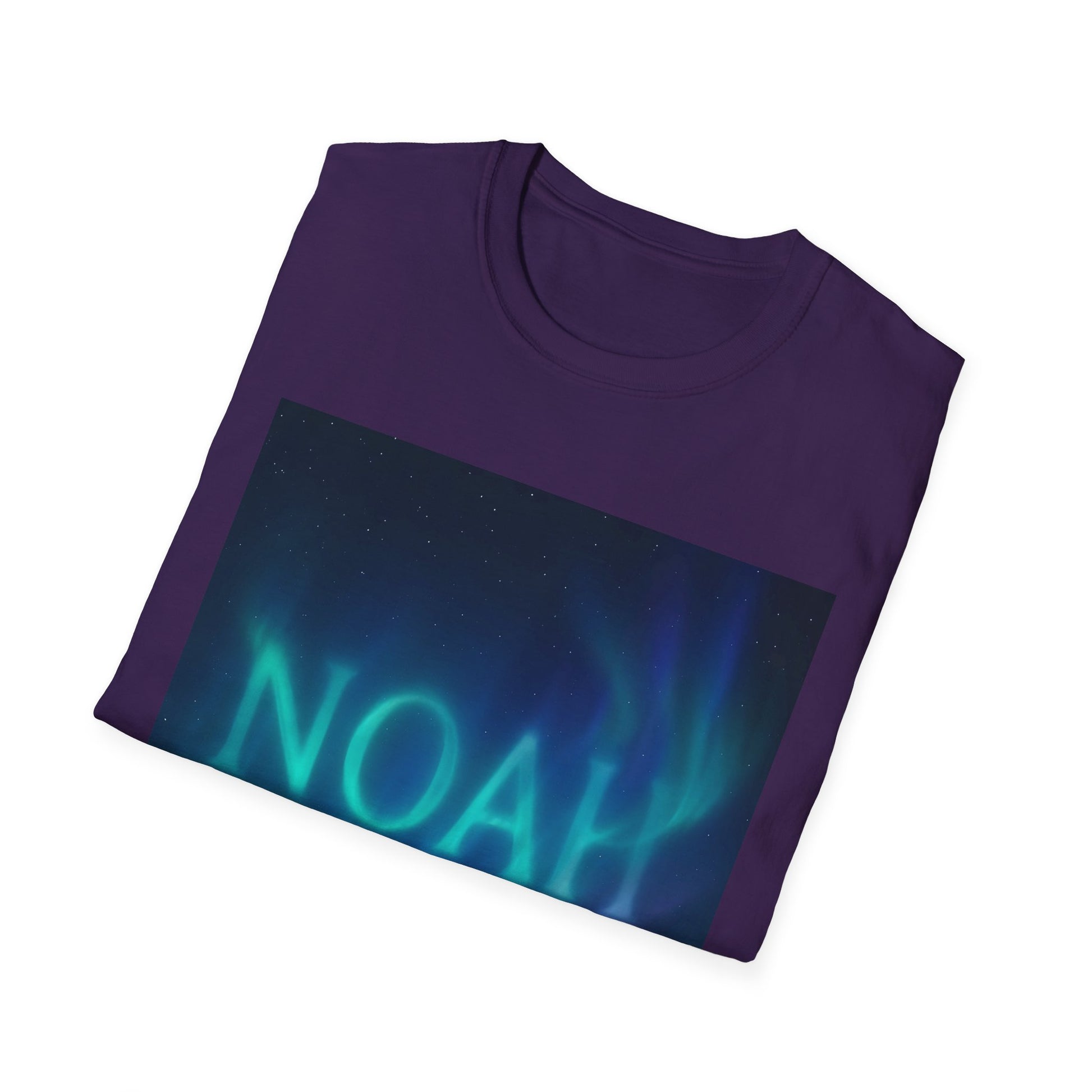 Purple short-sleeve T-shirt with a large rectangular graphic of a starry night sky and green-blue aurora glow.