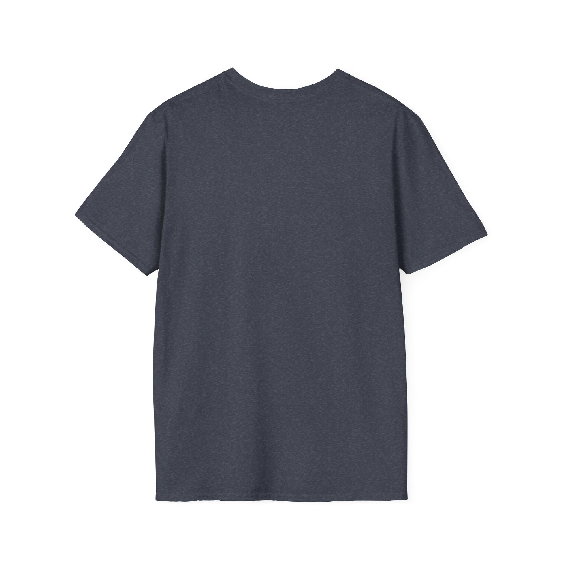 Back view of a dark blue short-sleeve T-shirt with a solid color.