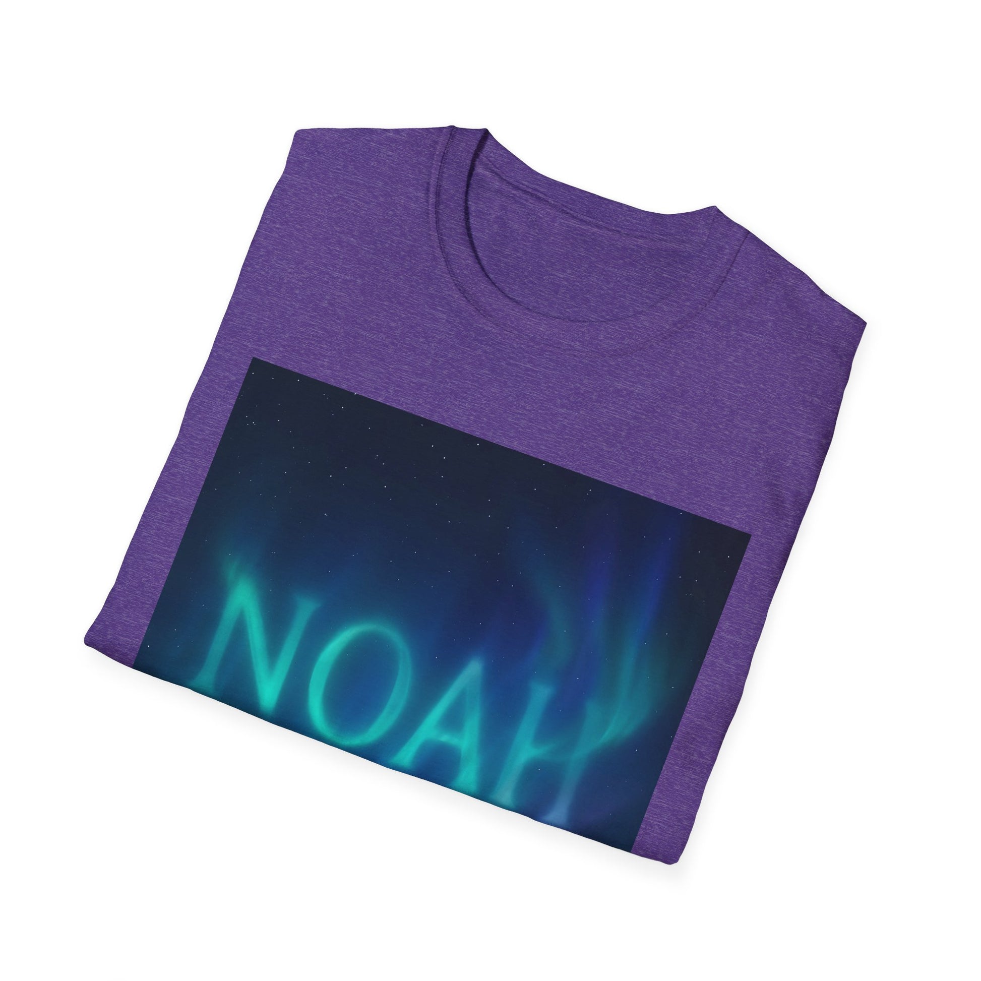 Purple heather T-shirt folded with a rectangular print showing a starry night sky and green aurora forming the word NOAH.