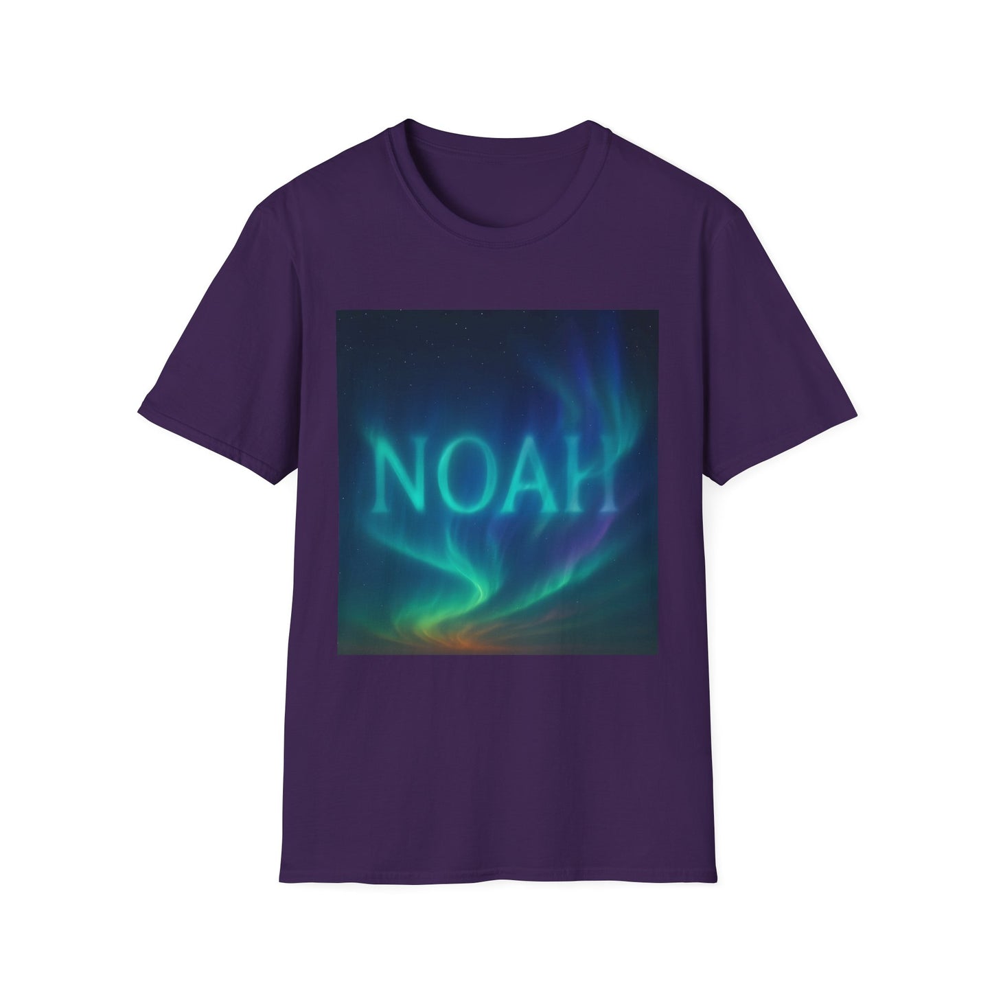 Purple short-sleeve t-shirt featuring a square graphic of green-blue aurora borealis and the word NOAH in glow.