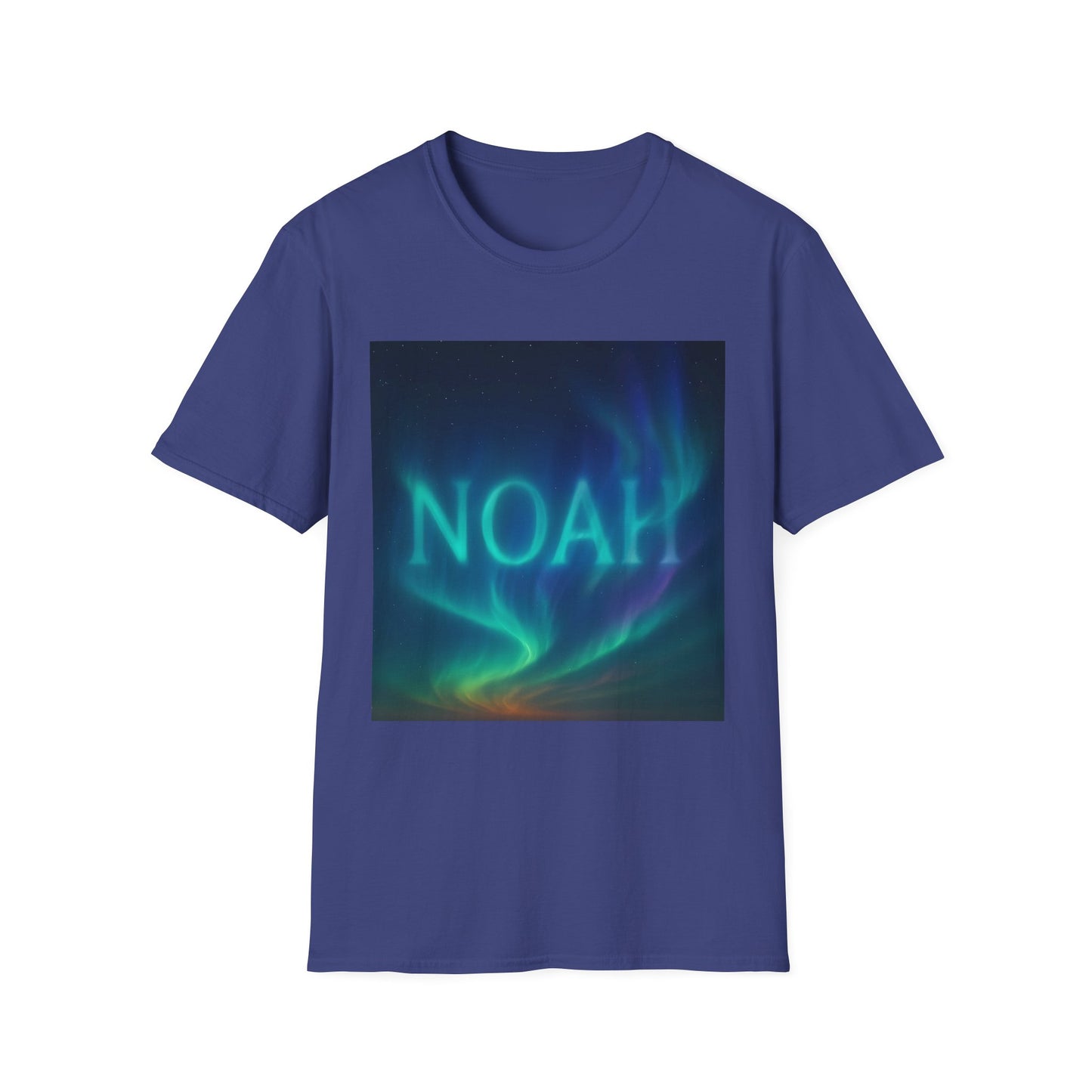 Blue crewneck t-shirt featuring a square graphic of green and teal aurora borealis with the word NOAH overlaid.