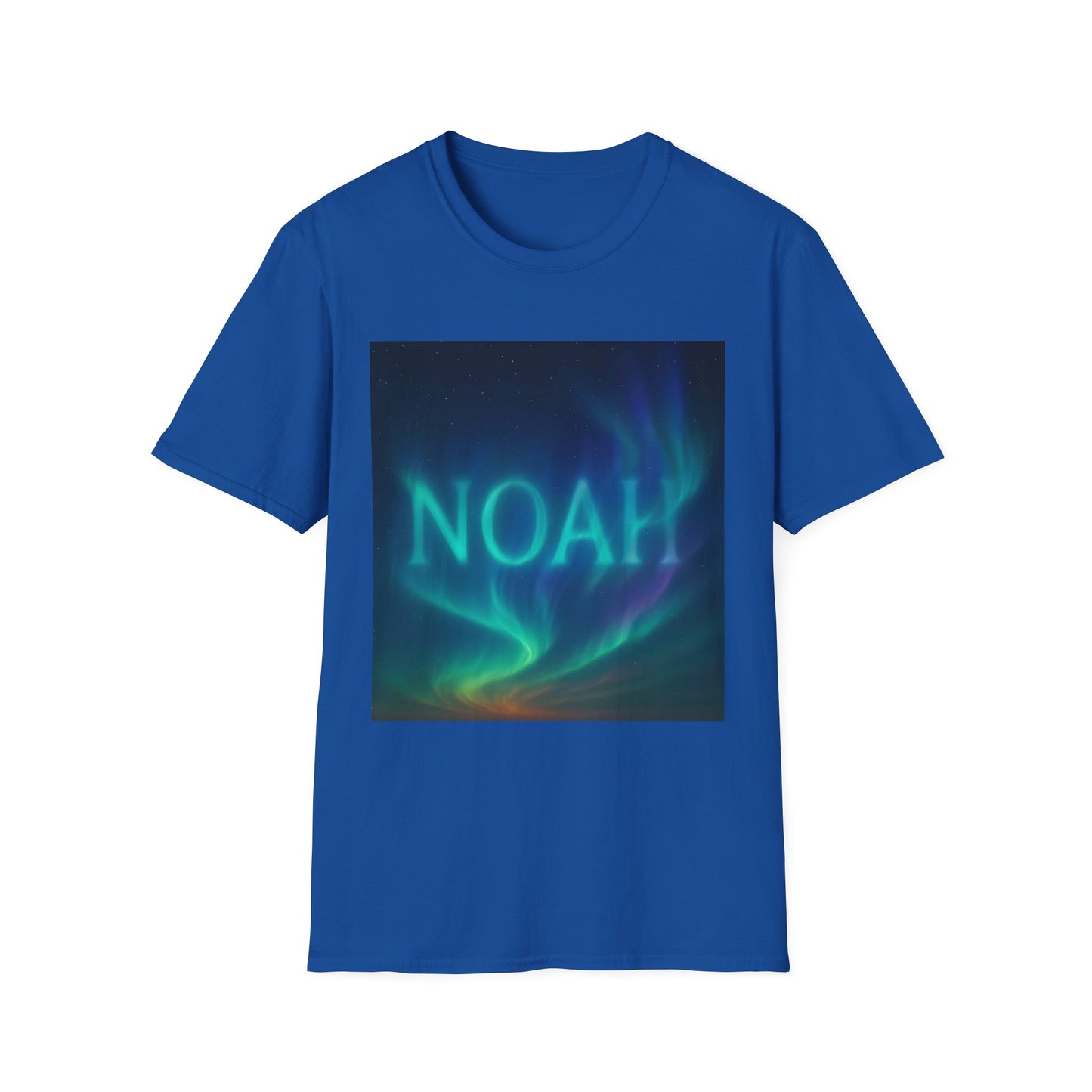 Blue t-shirt with a square graphic of teal and blue northern lights and the word NOAH across the center.