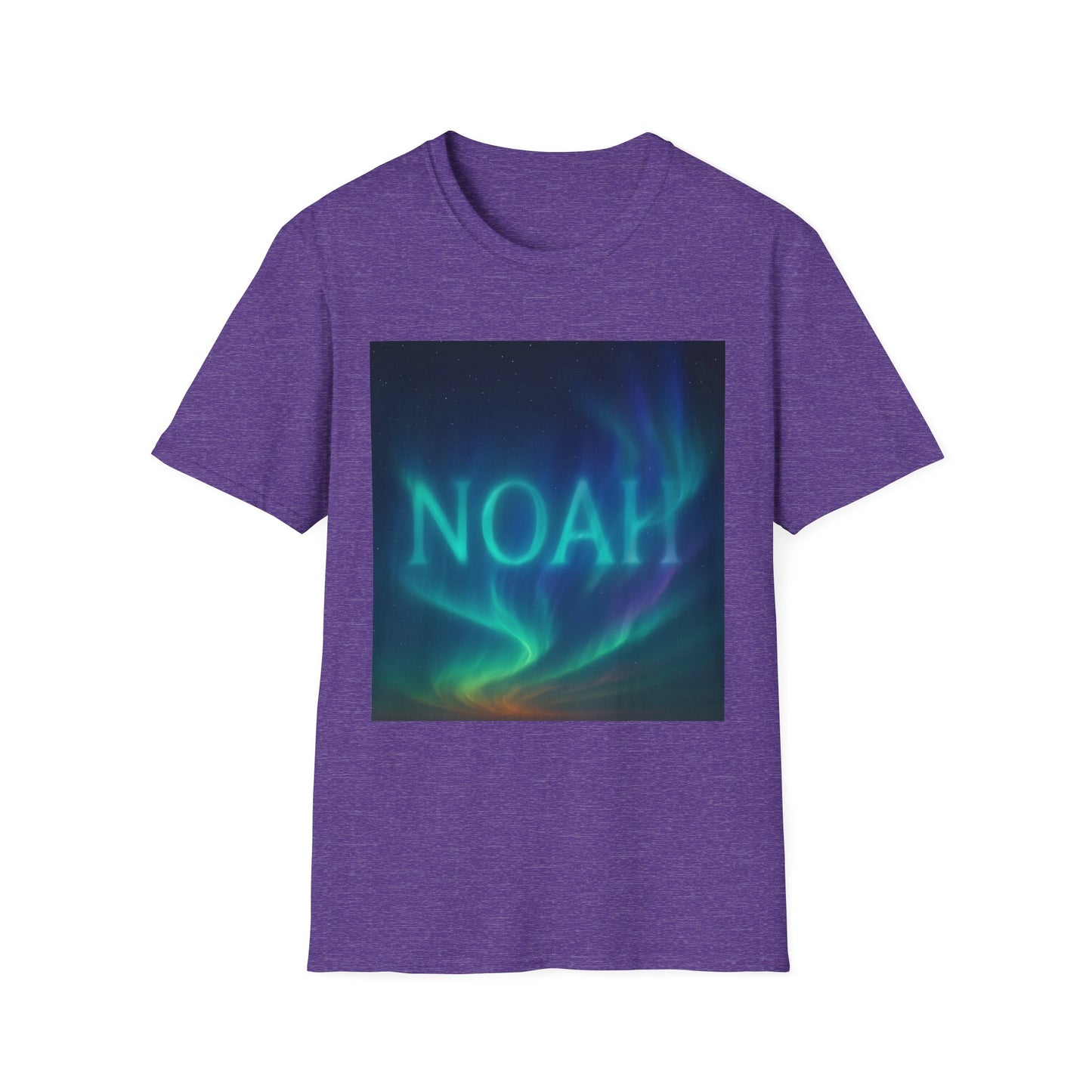 Purple heathered short-sleeve T-shirt with a square graphic of blue-green aurora borealis and the word NOAH across the front.