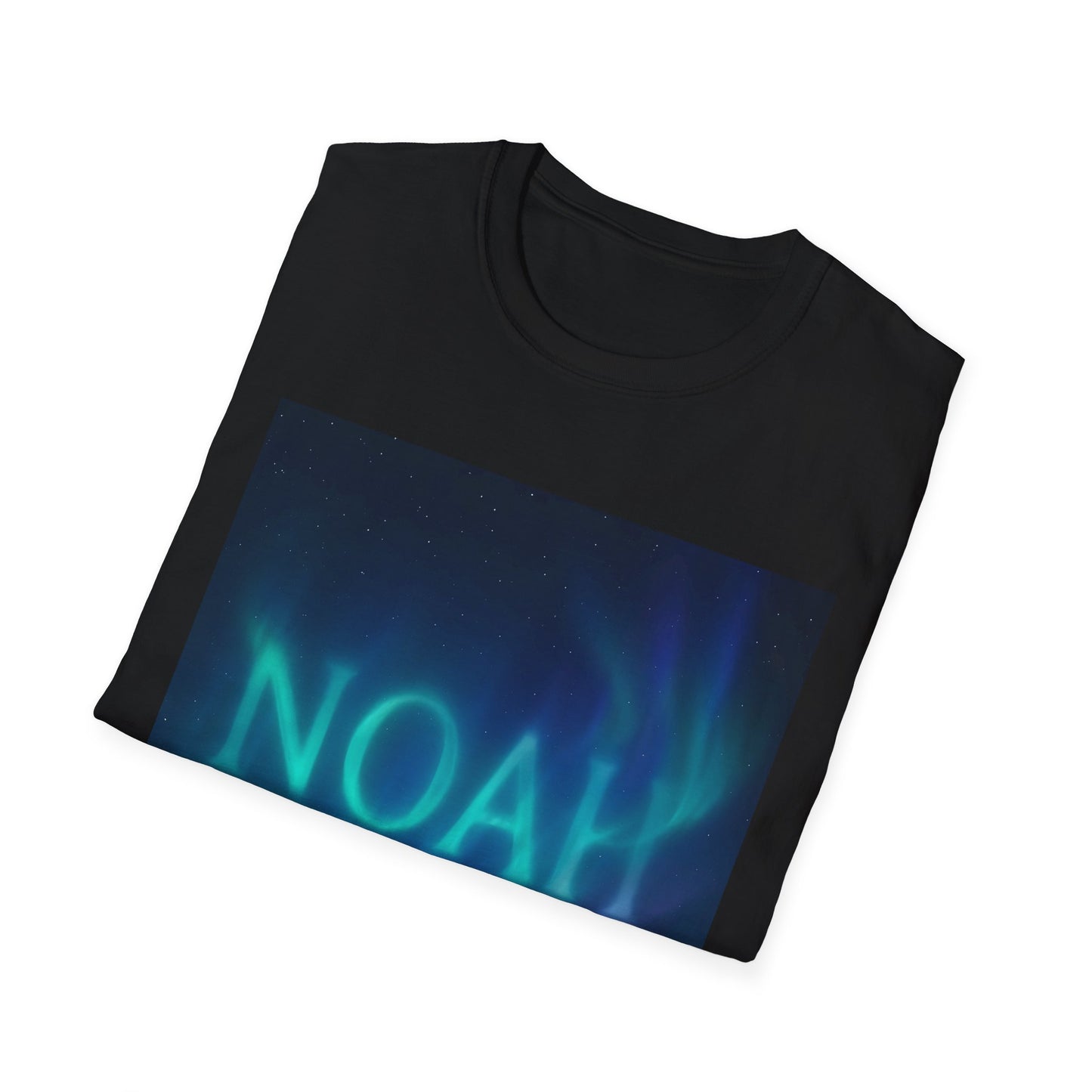 Black t-shirt featuring a rectangular night-sky graphic panel with stars and blue-green aurora across the front, including turquoise text