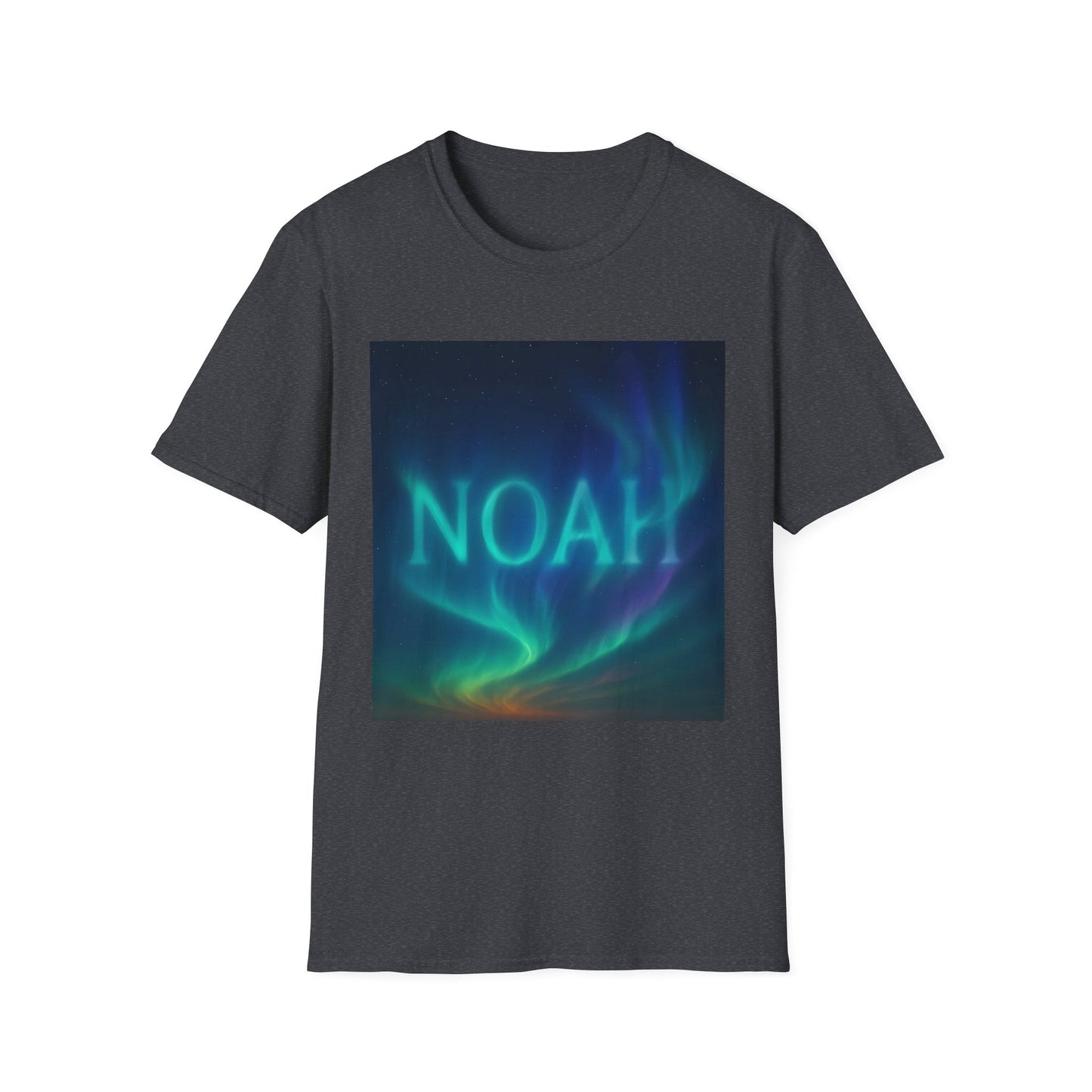 Dark heather gray T-shirt featuring a square print of blue-green aurora borealis with the name NOAH in light blue.