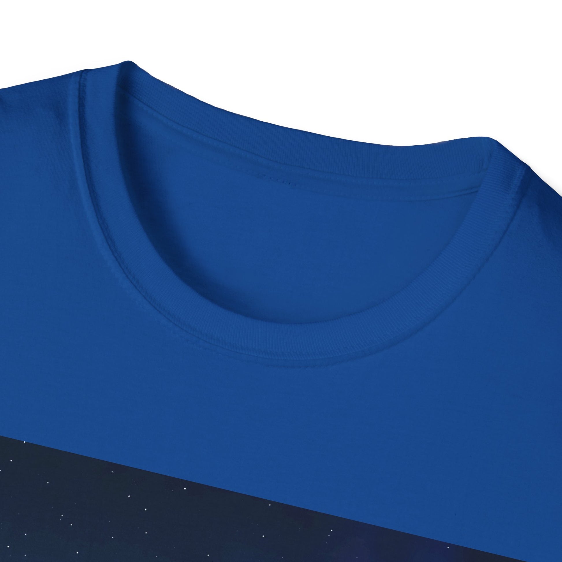 Close-up of a royal blue crew-neck T-shirt, showing the ribbed collar and solid fabric.