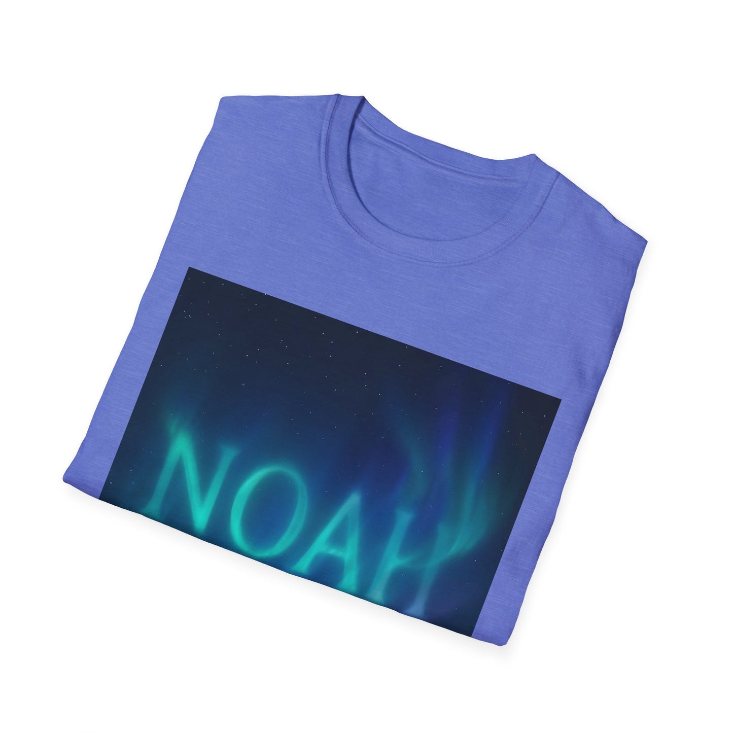 Purple T-shirt with a rectangular night-sky graphic showing green aurora and stars, and the turquoise word NOAH across the bottom.