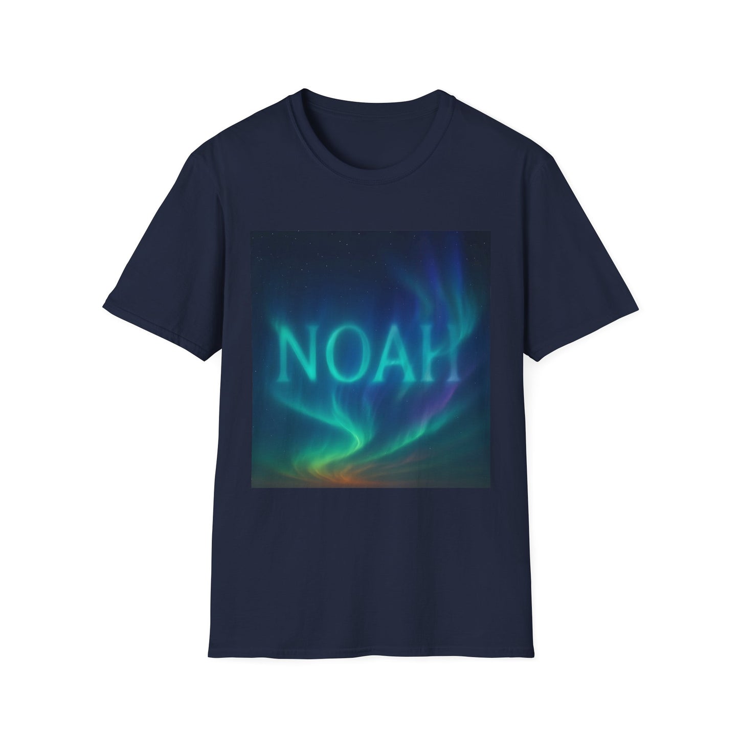 Navy T-shirt with a square print of colorful aurora borealis and the word NOAH across the image.