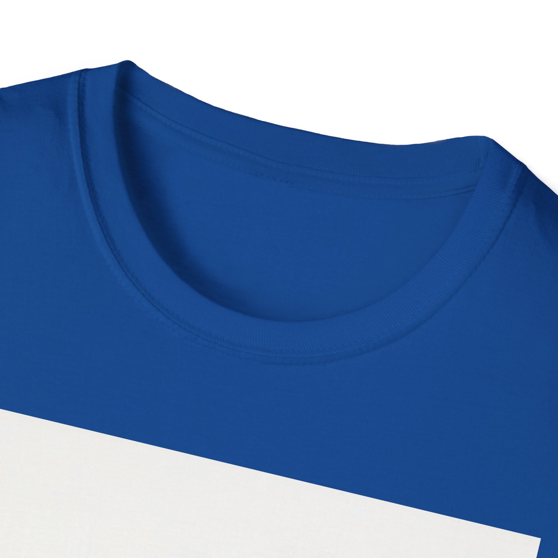 Close-up of a bright blue crew-neck T-shirt, showing the ribbed collar and smooth fabric.