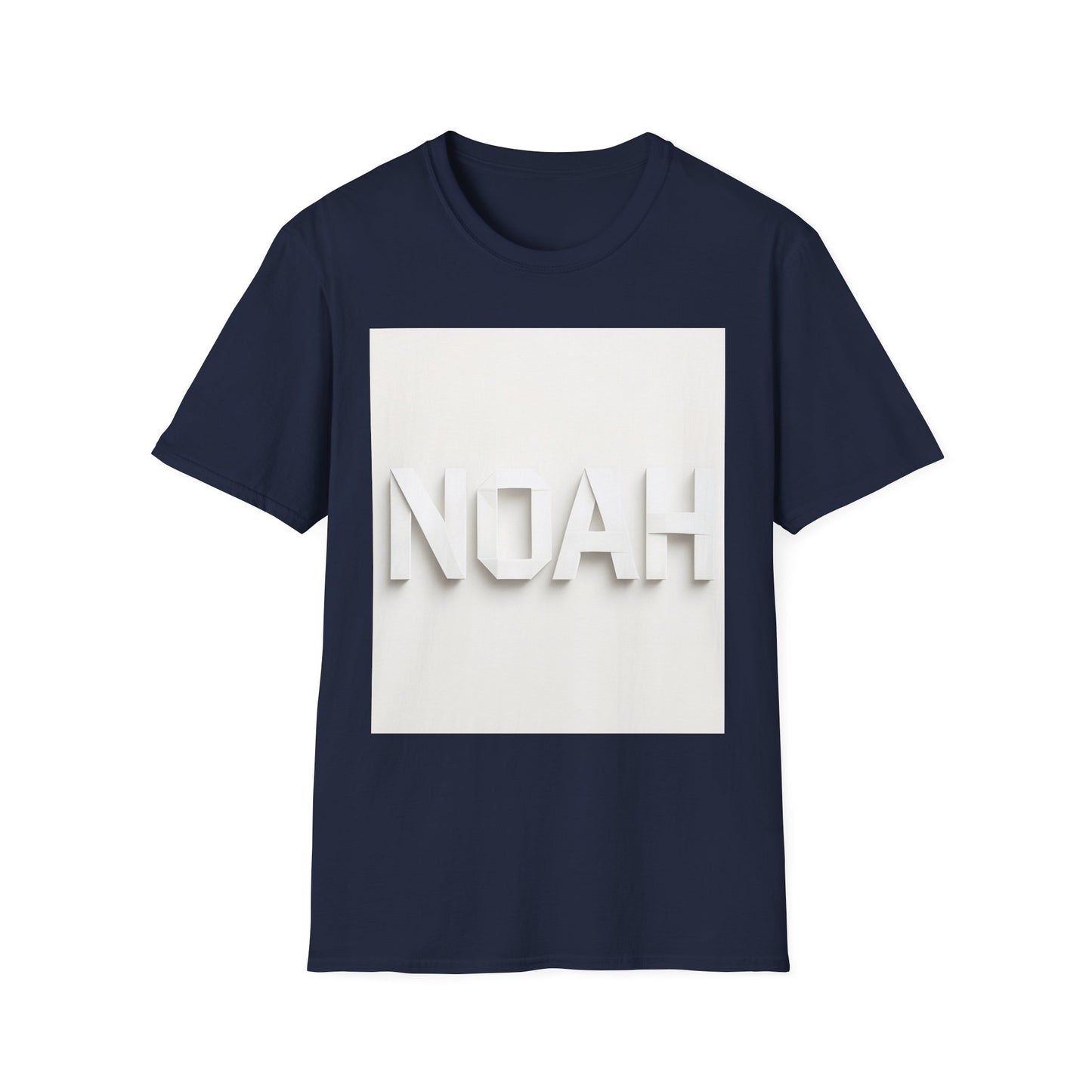Navy short-sleeve T-shirt with a white square graphic featuring raised white letters spelling “NOAH.”