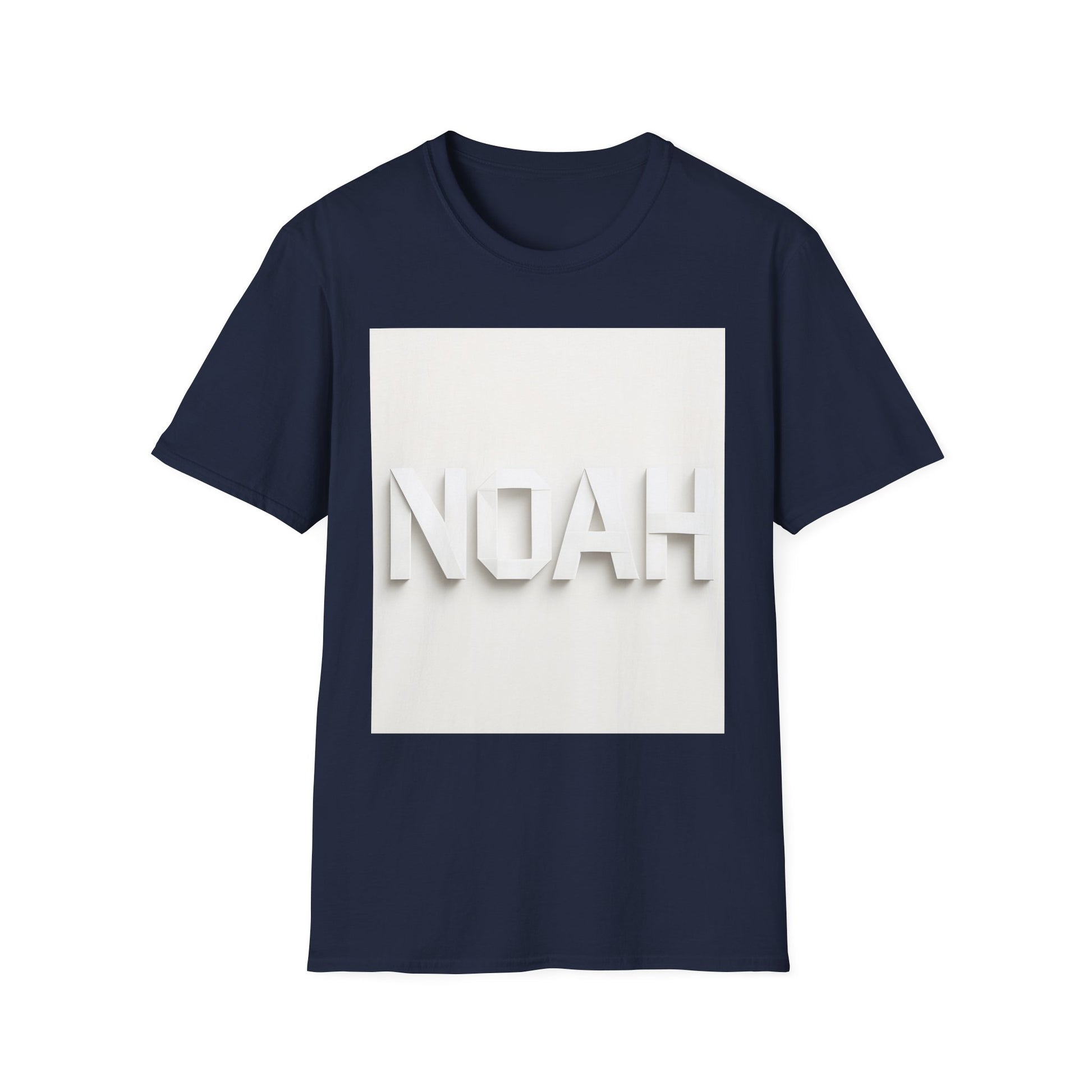 Navy short-sleeve T-shirt with a white square graphic featuring raised white letters spelling “NOAH.”