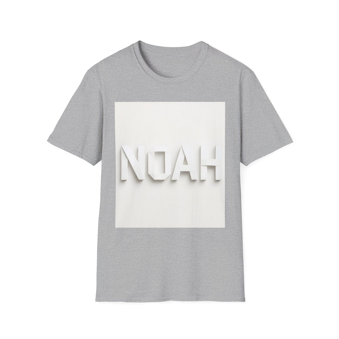 Light gray T-shirt with a white square graphic featuring raised white letters spelling NOAH.