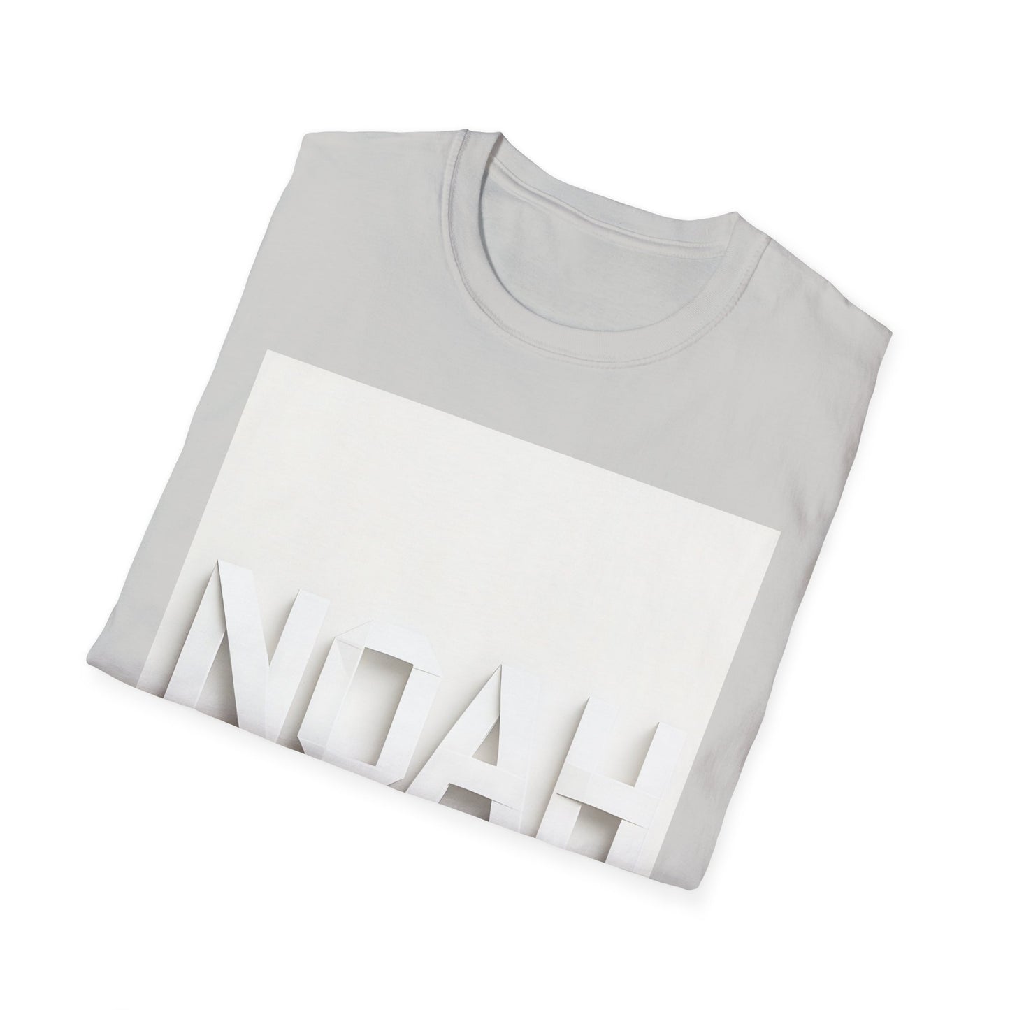 Light gray folded T‑shirt with a large white rectangular graphic and raised white cutout letters 'NOAH' along the bottom.