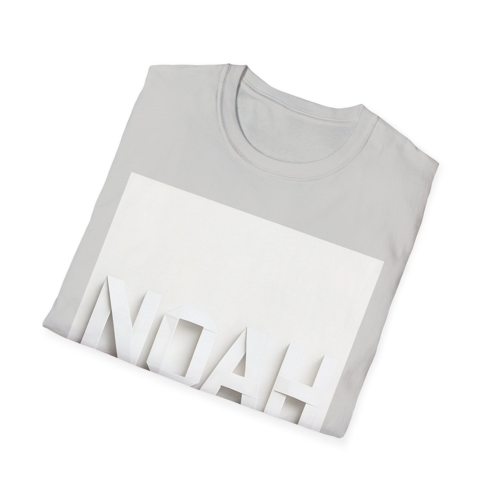 Light gray folded T‑shirt with a large white rectangular graphic and raised white cutout letters 'NOAH' along the bottom.