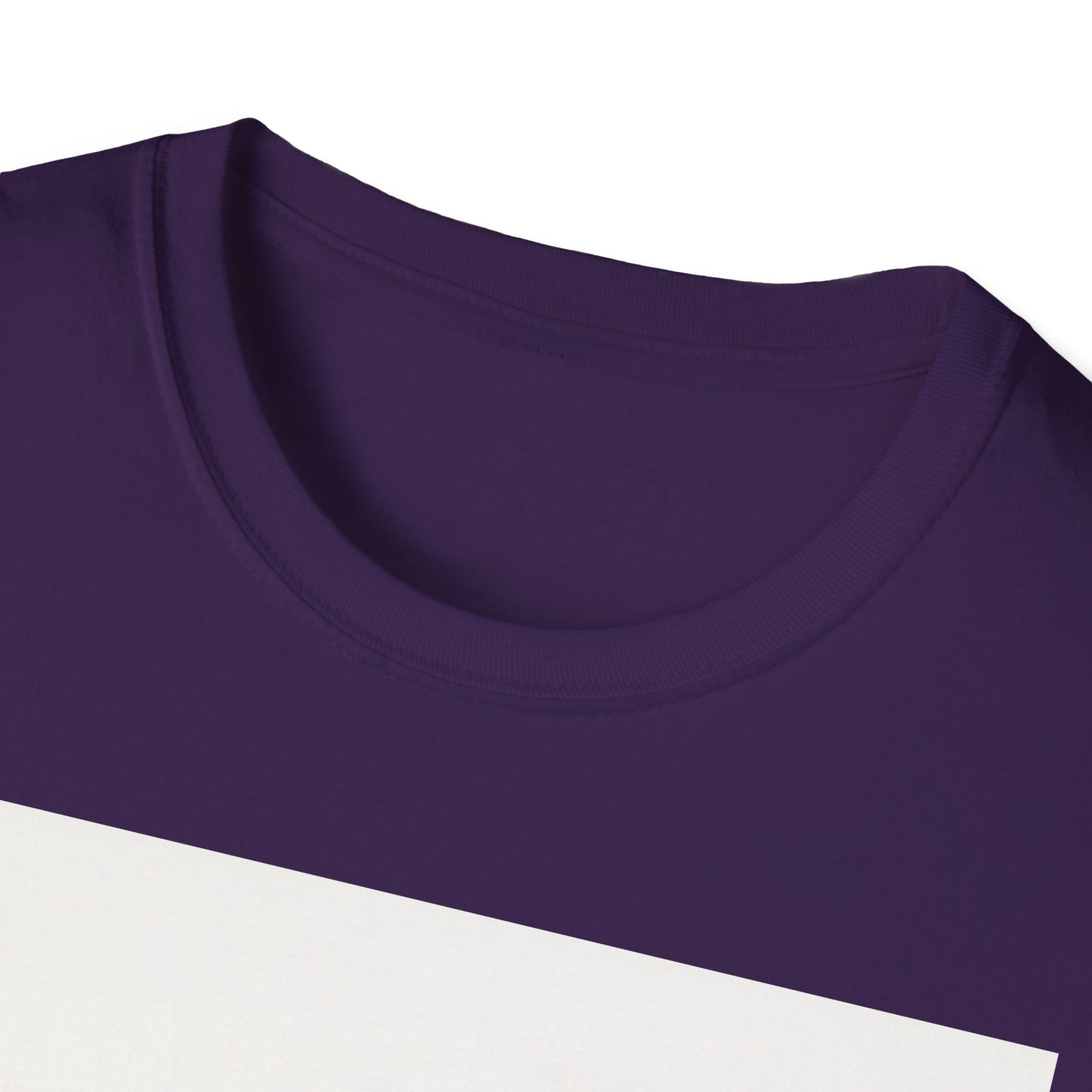 Close-up of a purple crew-neck T-shirt showing the ribbed collar and smooth knit fabric.