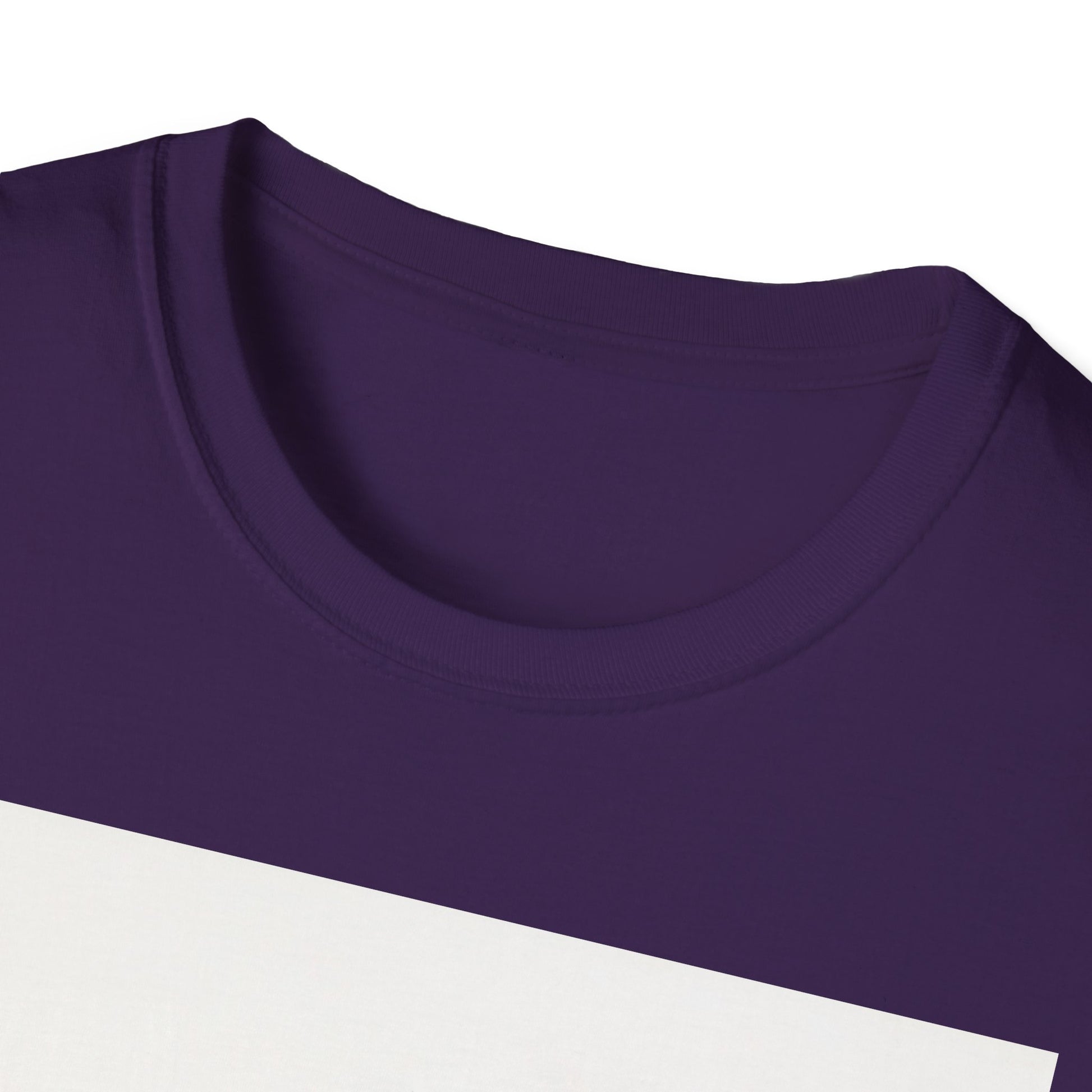 Close-up of a purple crew-neck T-shirt showing the ribbed collar and smooth knit fabric.