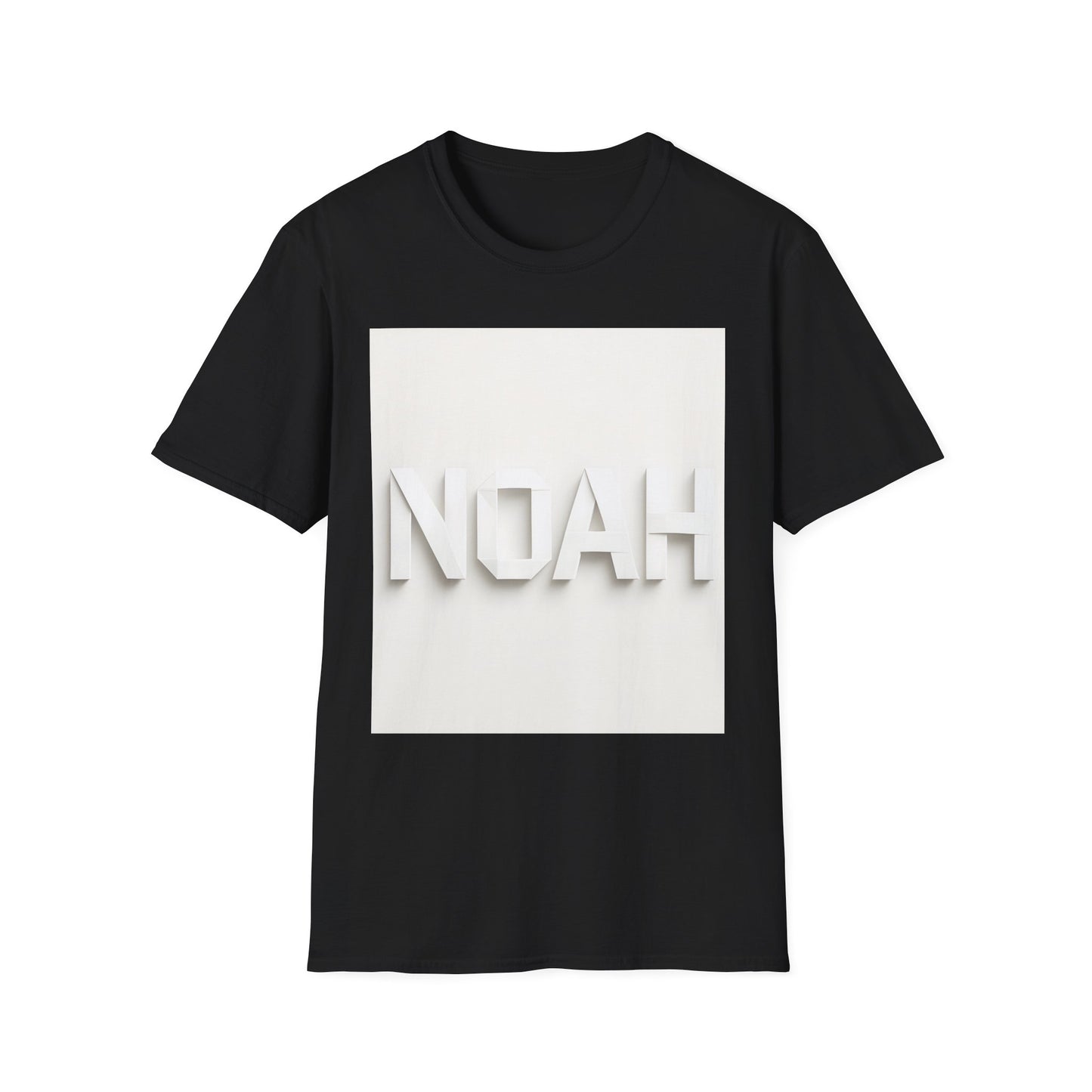 Black short-sleeve t-shirt with a white square graphic on the chest, featuring raised white letters spelling NOAH.