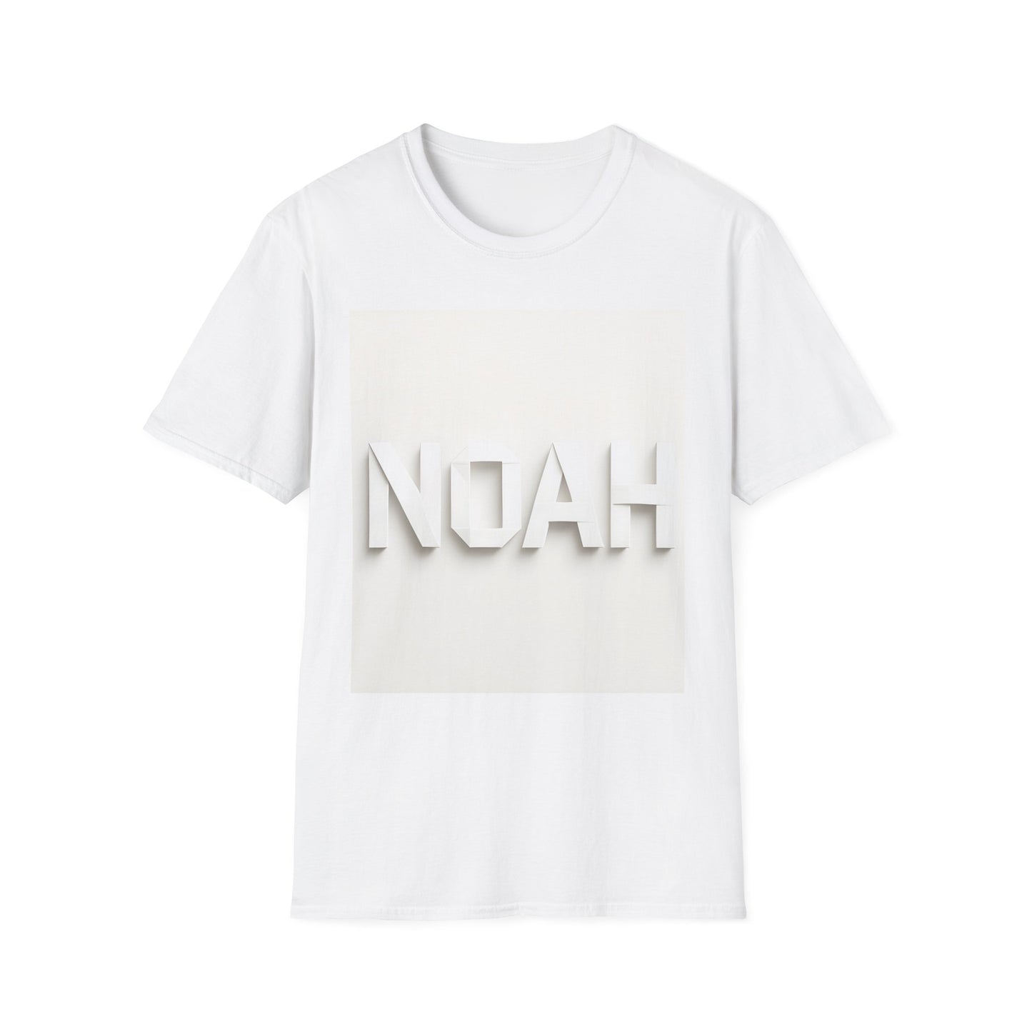 White short-sleeve T-shirt featuring a pale beige square graphic with large white 3D NOAH lettering across the front.