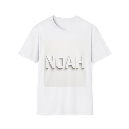 White short-sleeve T-shirt featuring a pale beige square graphic with large white 3D NOAH lettering across the front.